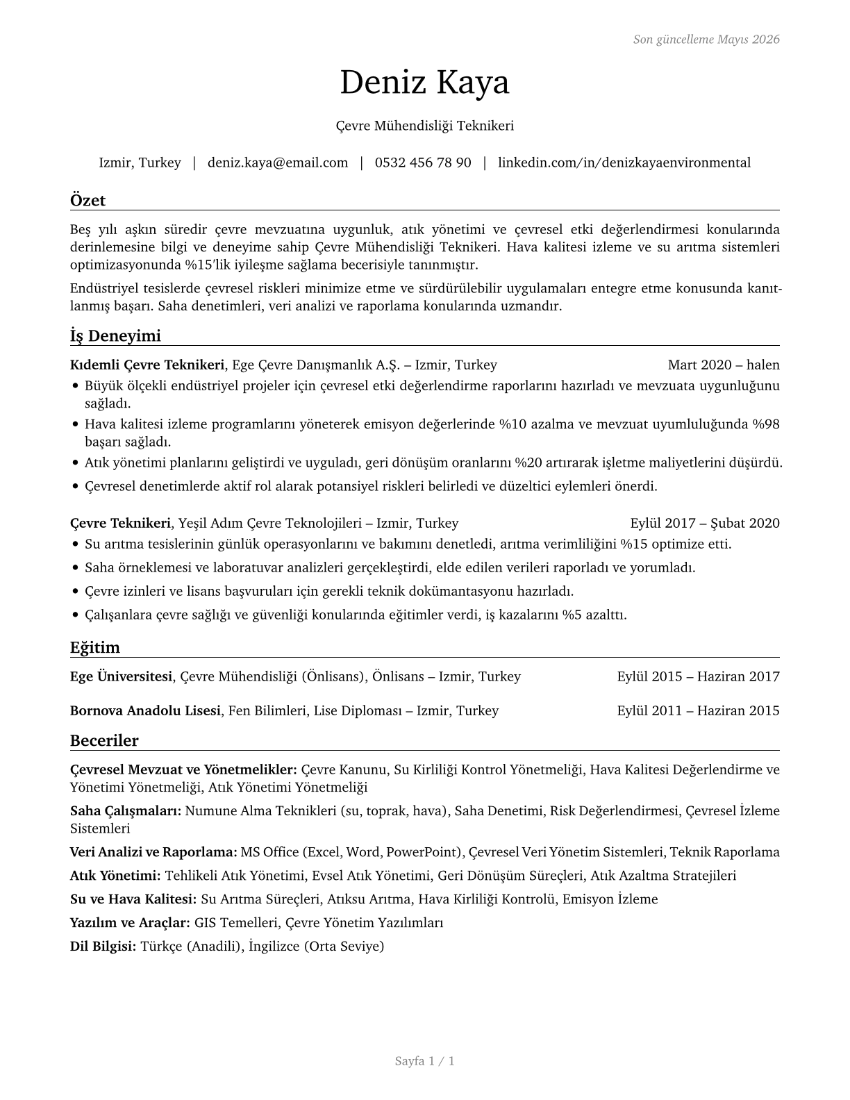Environmental Engineering Technologists and Technicians CV in Turkish — page 1