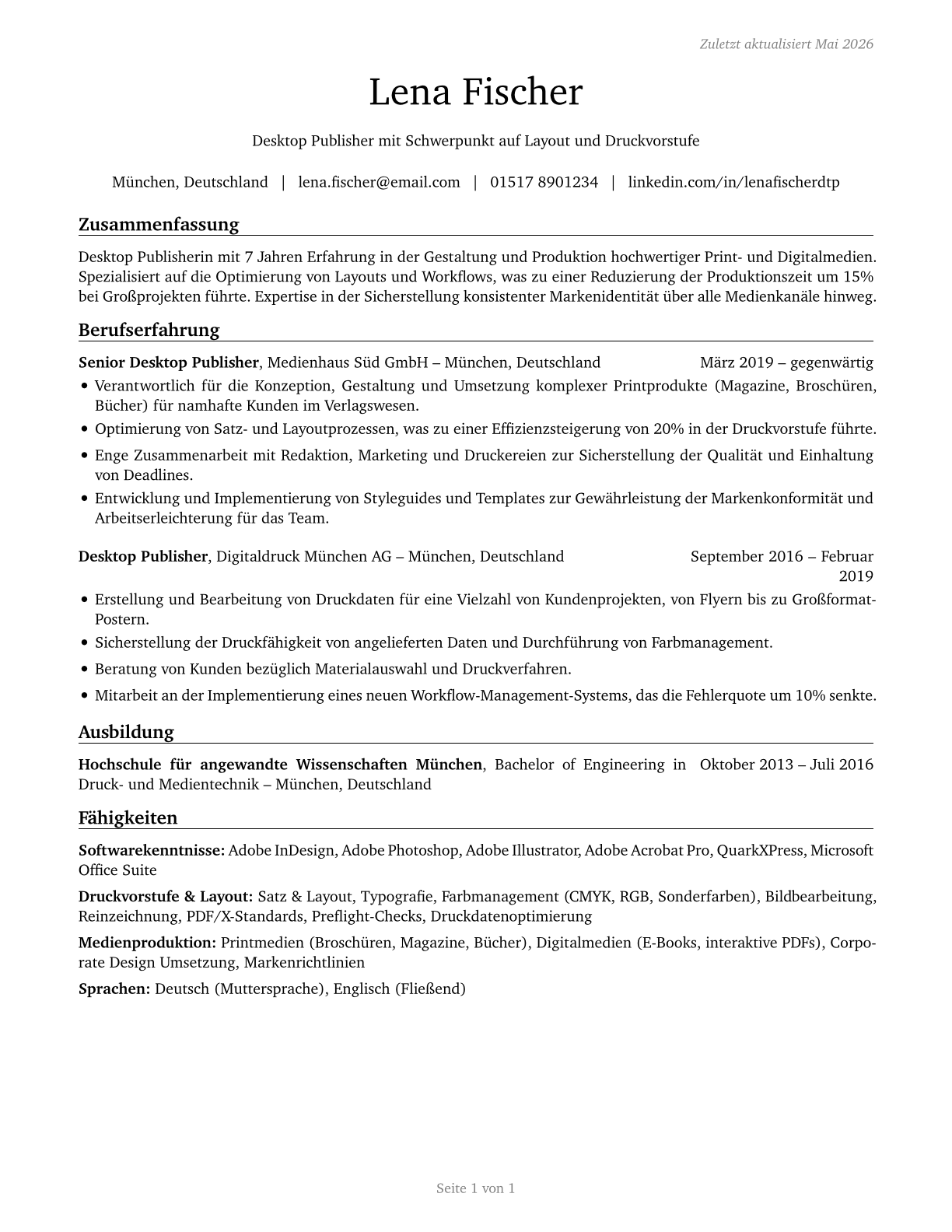 Desktop Publishers CV in German — page 1