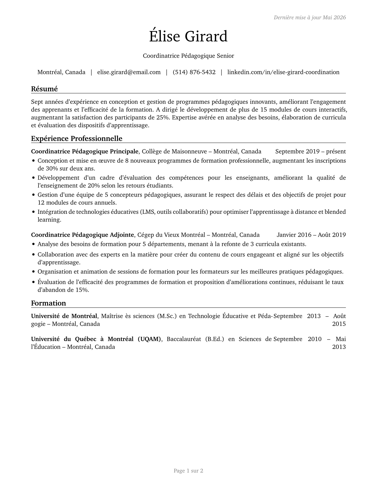 Instructional Coordinators CV in French — page 1