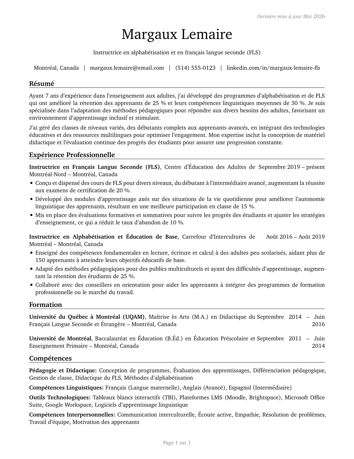 Adult Basic Education, Adult Secondary Education, and English as a Second Language Instructors CV in French — page 1