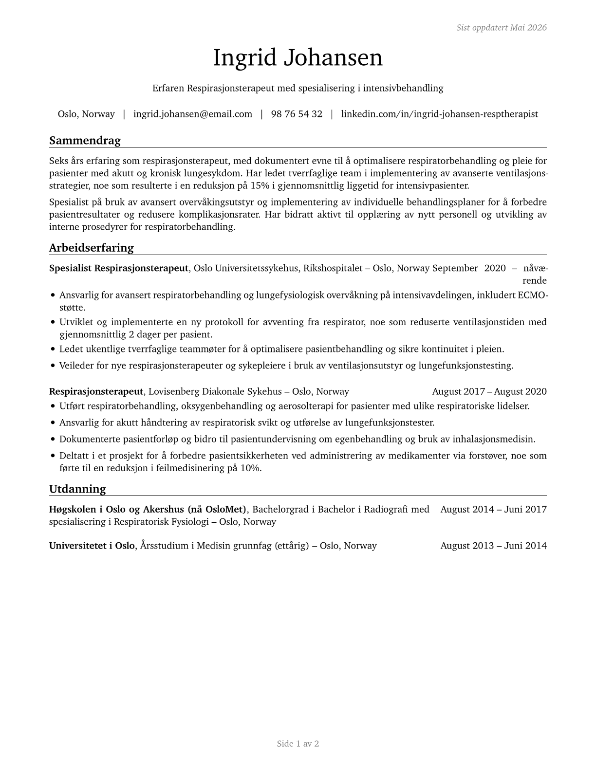 Respiratory Therapists CV in Norwegian_bokmal — page 1