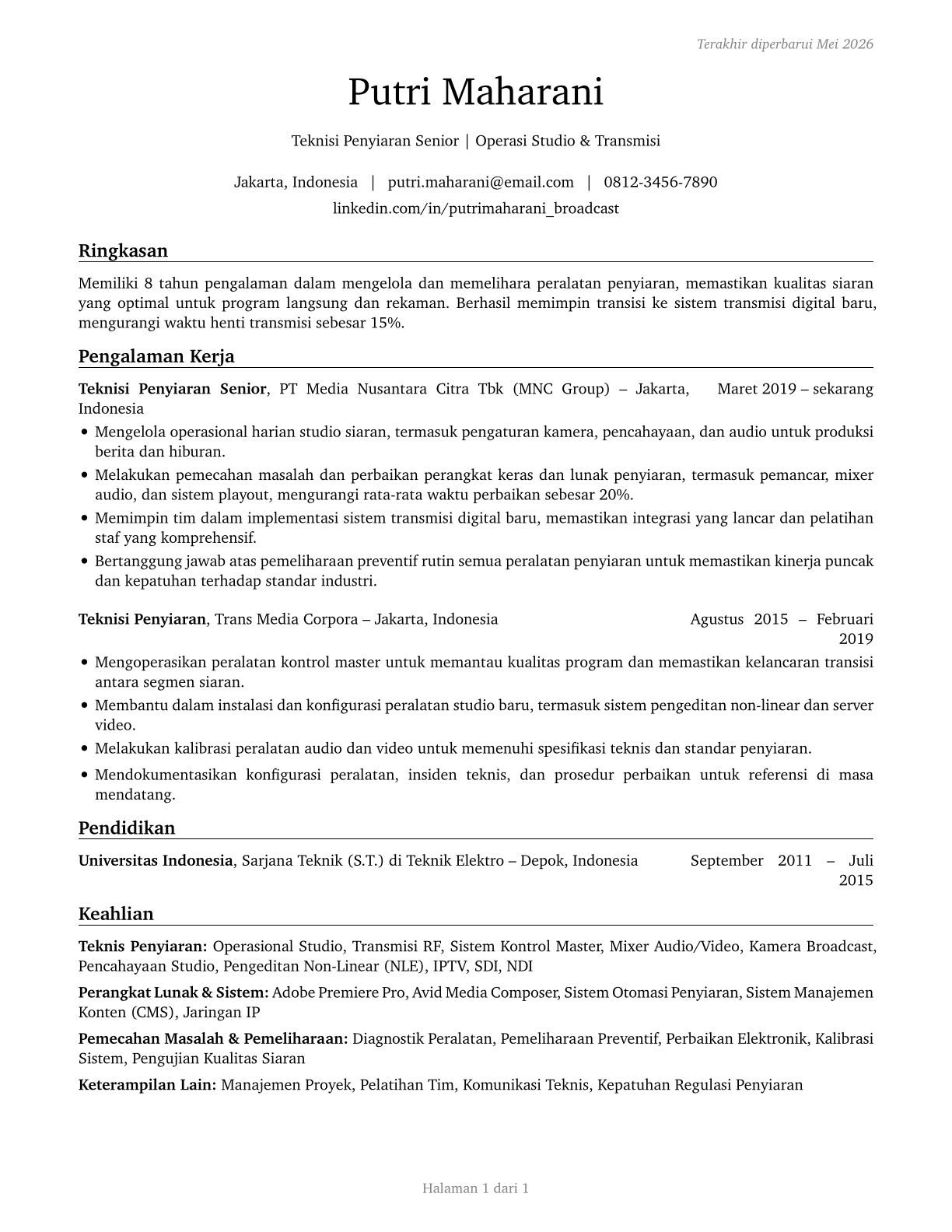 Broadcast Technicians CV in Indonesian — page 1