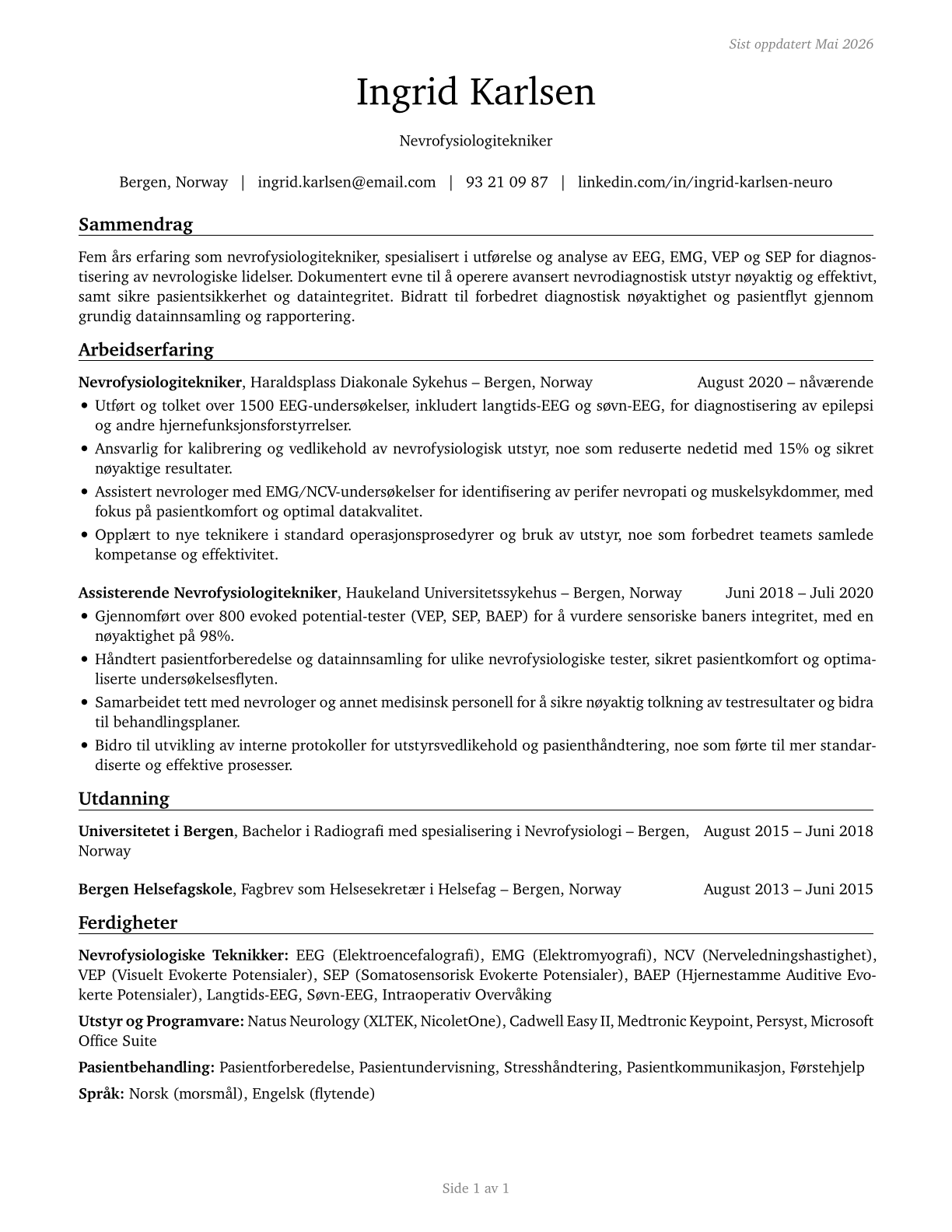 Neurodiagnostic Technologists CV in Norwegian_bokmal — page 1