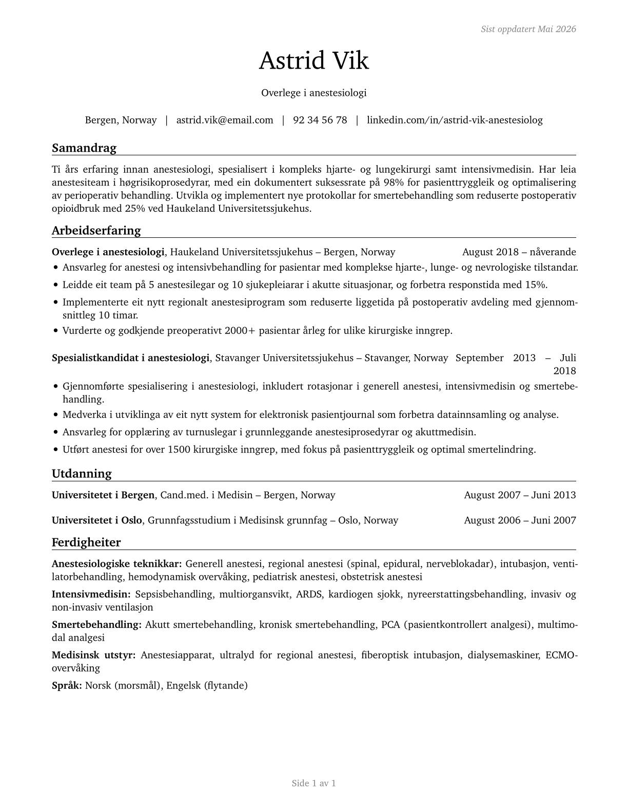 Anesthesiologists CV in Norwegian_nynorsk — page 1