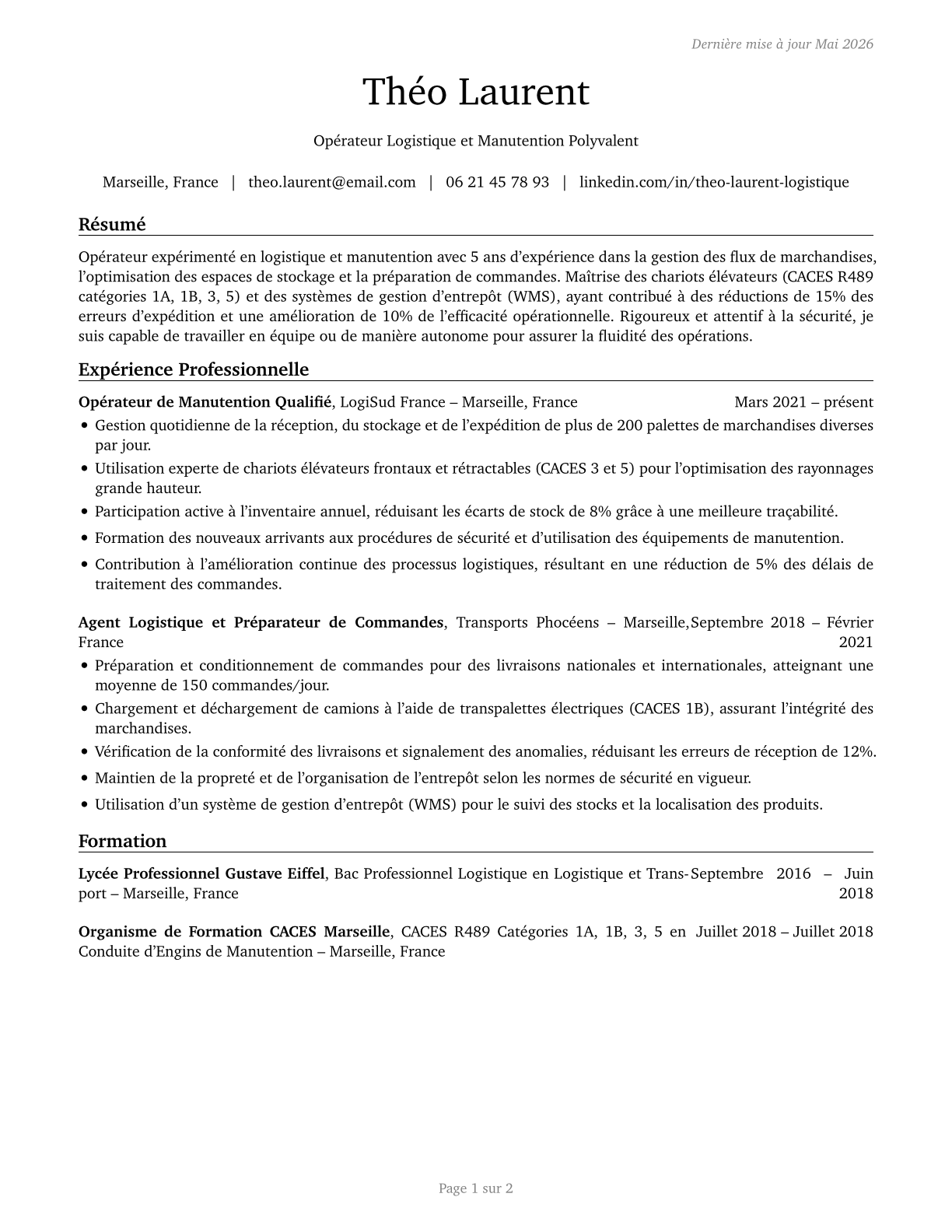 Material Moving Workers, All Other CV in French — page 1