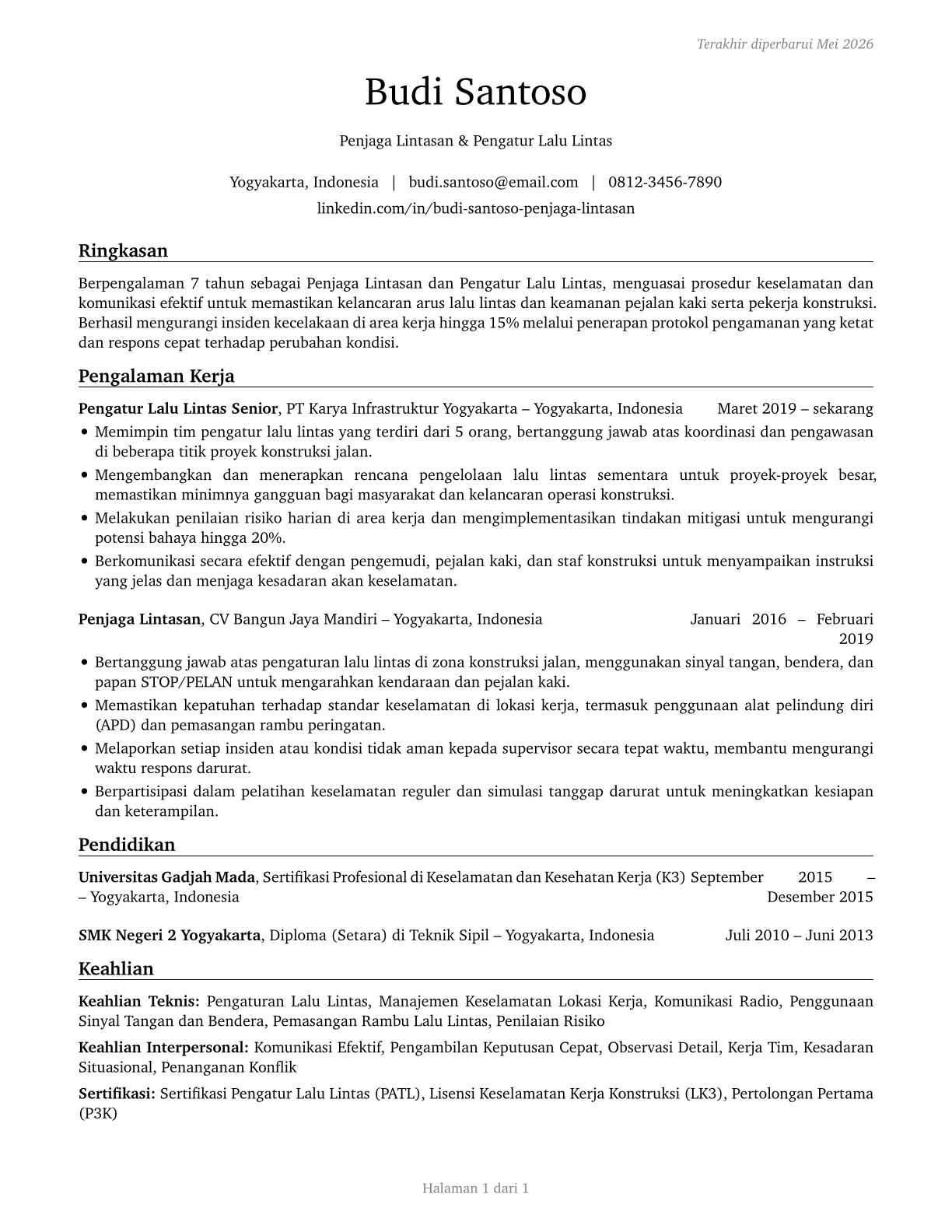 Crossing Guards and Flaggers CV in Indonesian — page 1