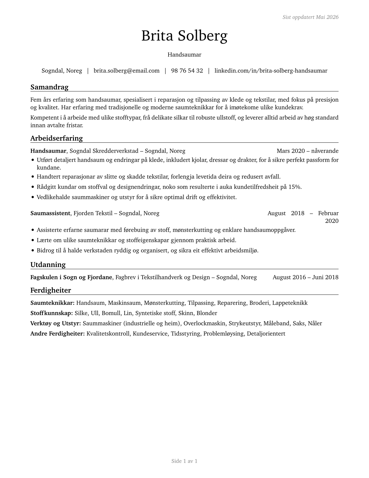 Sewers, Hand CV in Norwegian_nynorsk — page 1