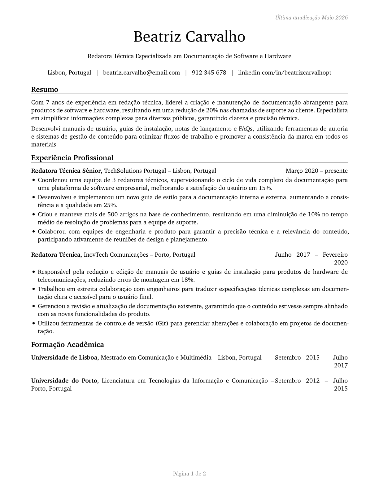 Technical Writers CV in Portuguese — page 1