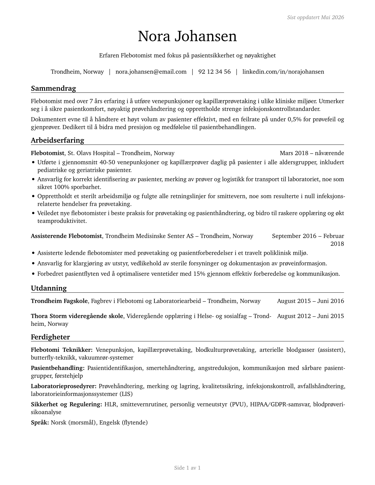 Phlebotomists CV in Norwegian_bokmal — page 1