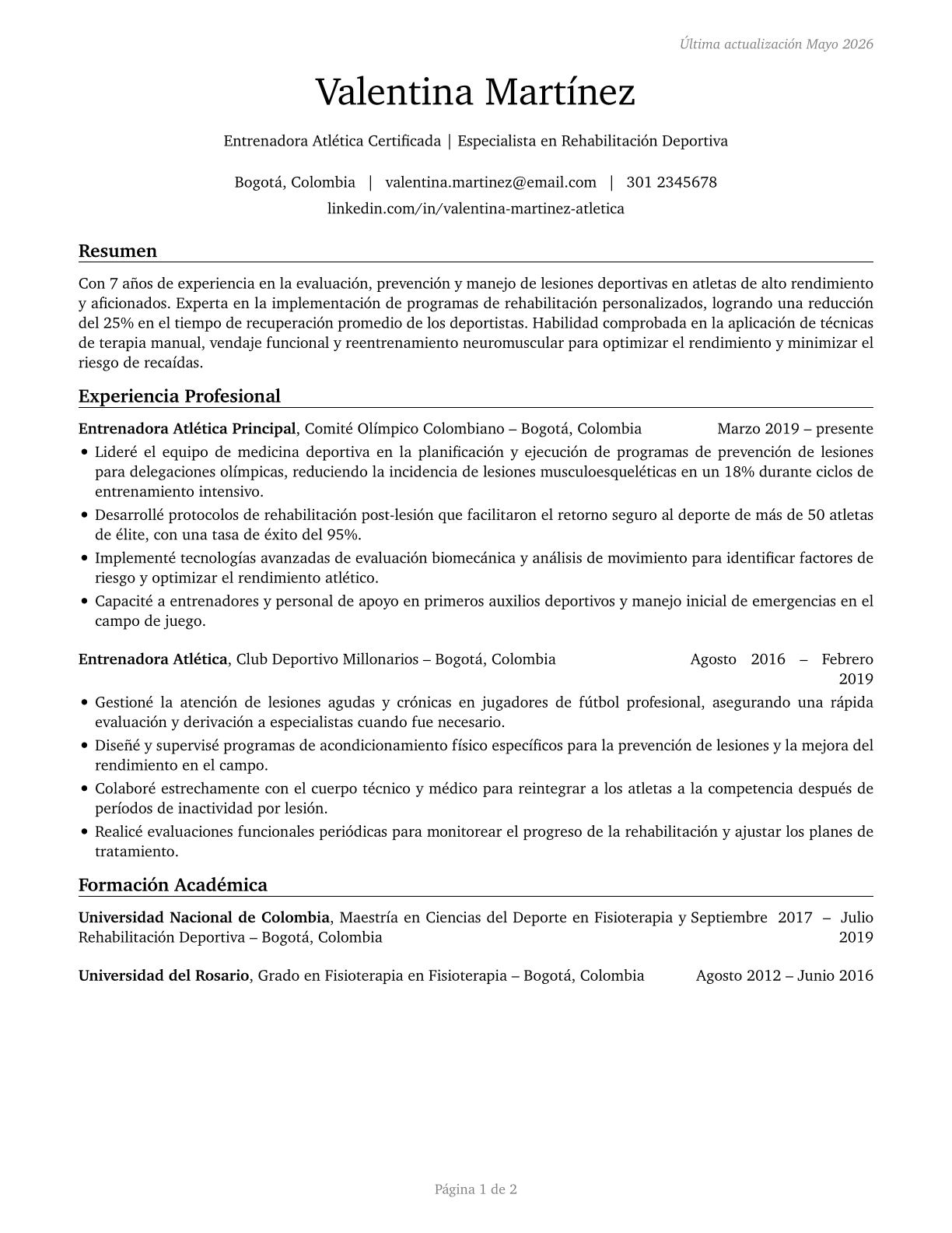 Athletic Trainers CV in Spanish — page 1