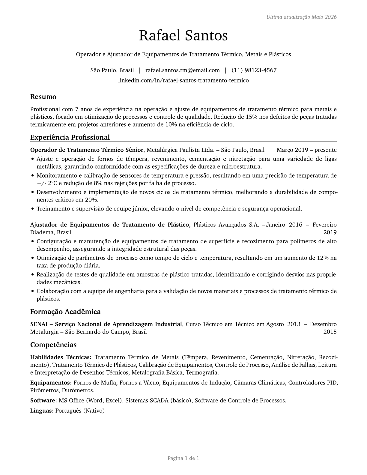 Heat Treating Equipment Setters, Operators, and Tenders, Metal and Plastic CV in Portuguese — page 1
