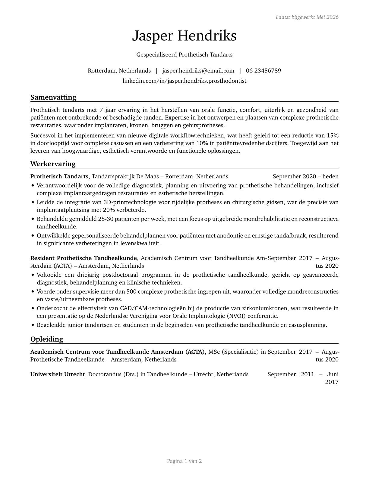 Prosthodontists CV in Dutch — page 1