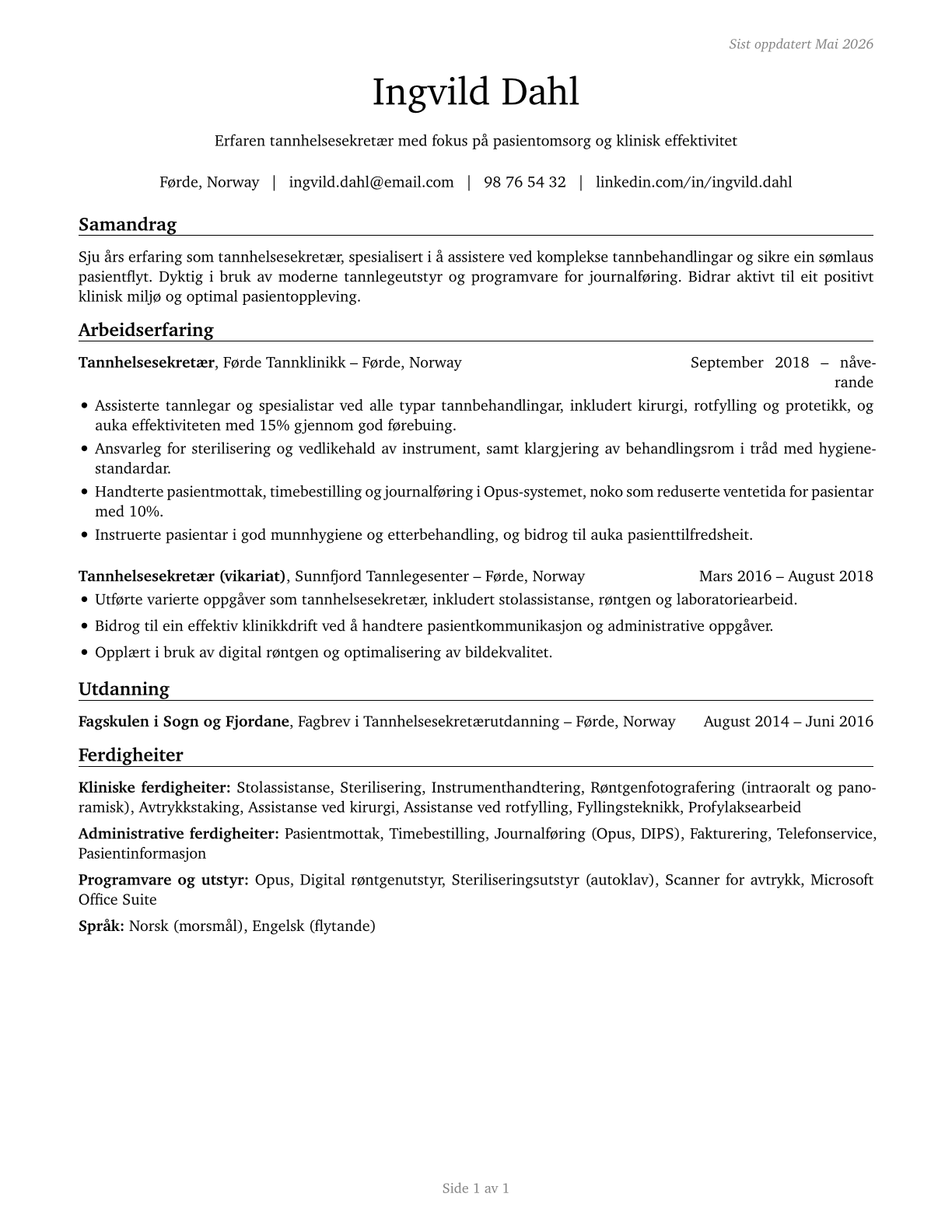 Dental Assistants CV in Norwegian_nynorsk — page 1