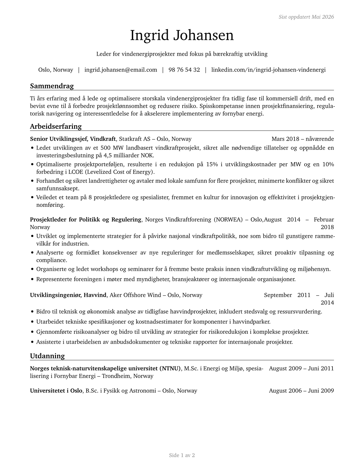 Wind Energy Development Managers CV in Norwegian_bokmal — page 1