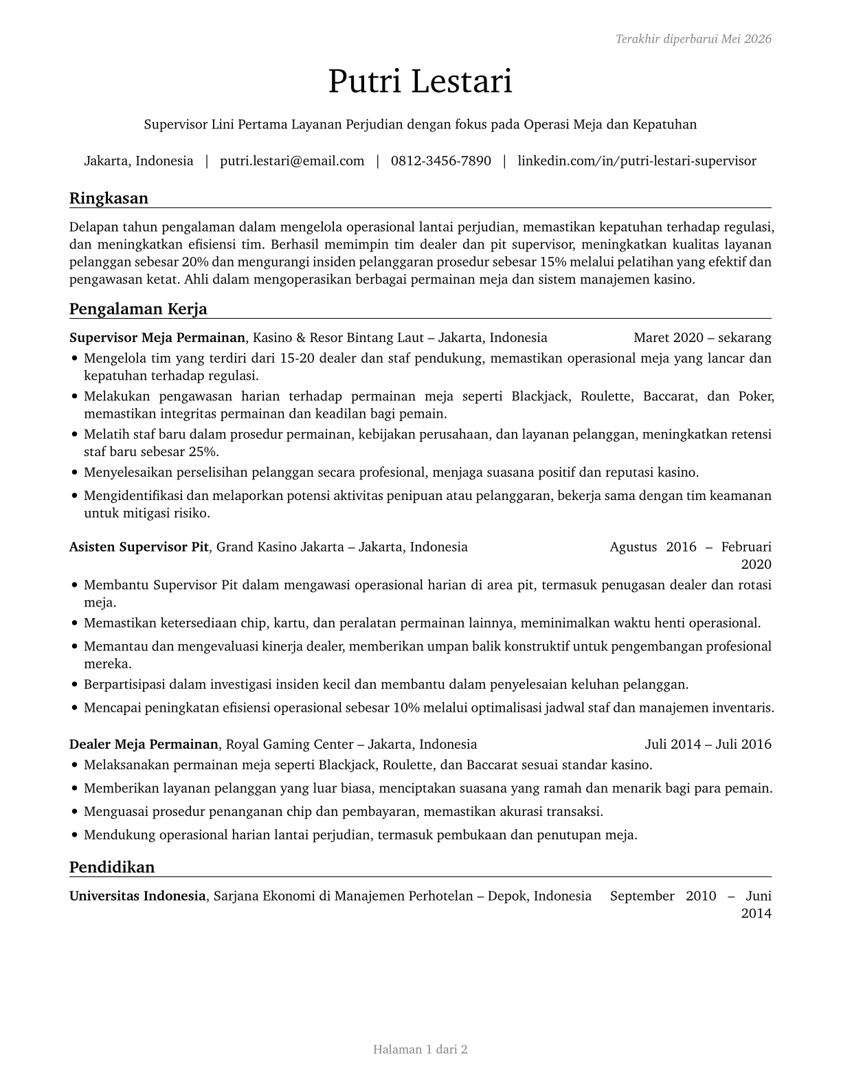 First-Line Supervisors of Gambling Services Workers CV in Indonesian — page 1