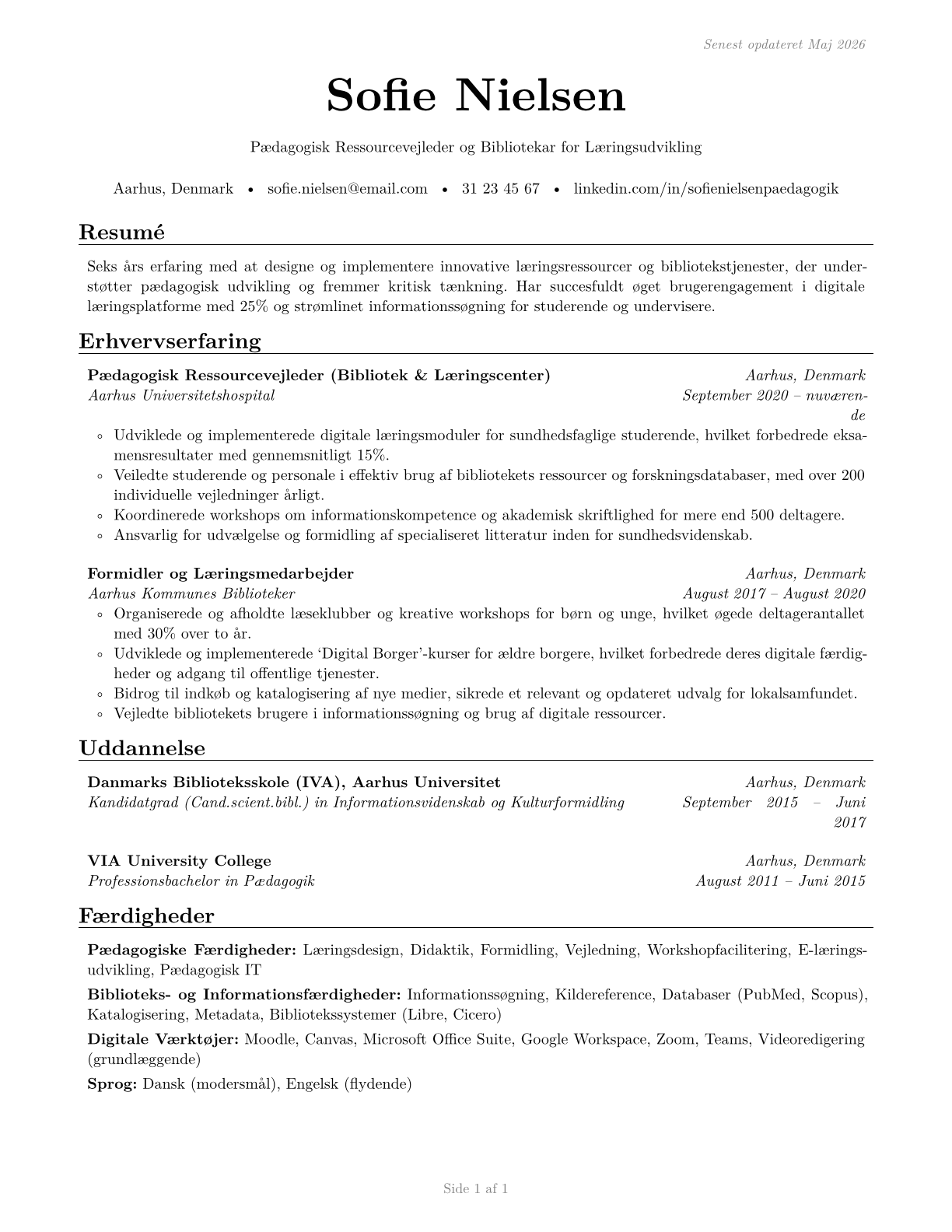 Educational Instruction and Library Workers, All Other CV in Danish — page 1