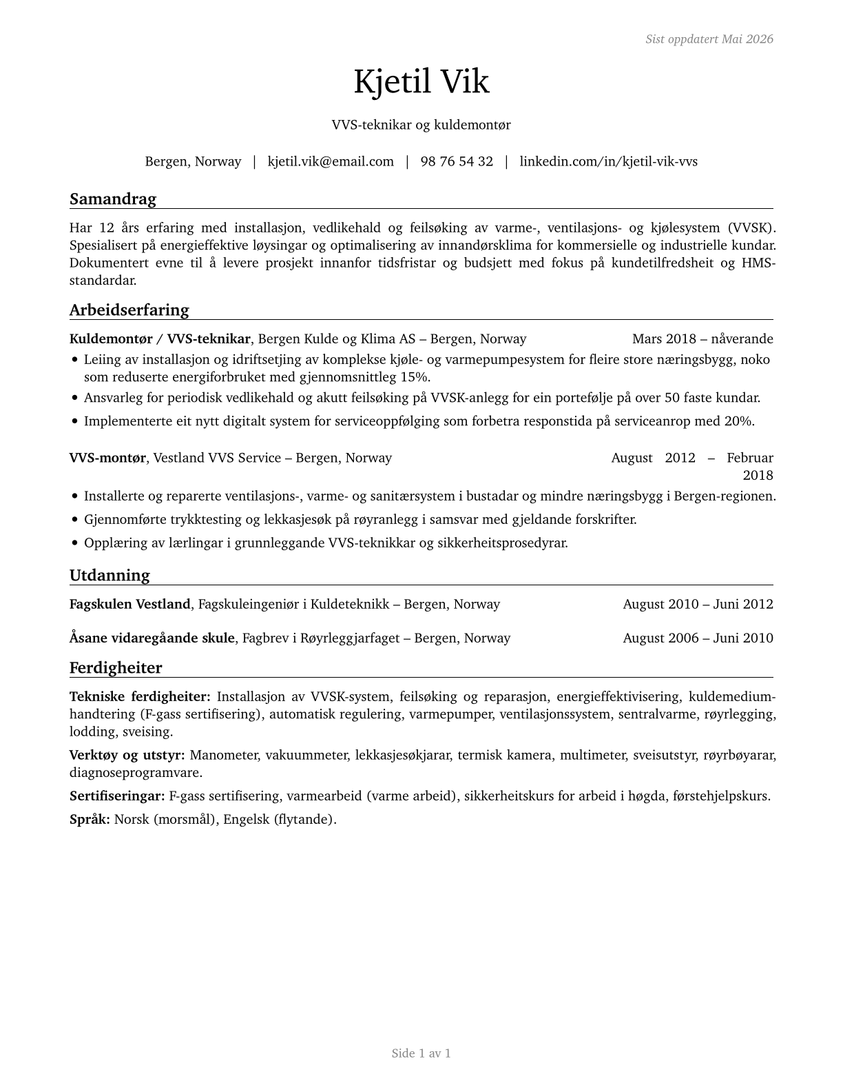 Heating, Air Conditioning, and Refrigeration Mechanics and Installers CV in Norwegian_nynorsk — page 1