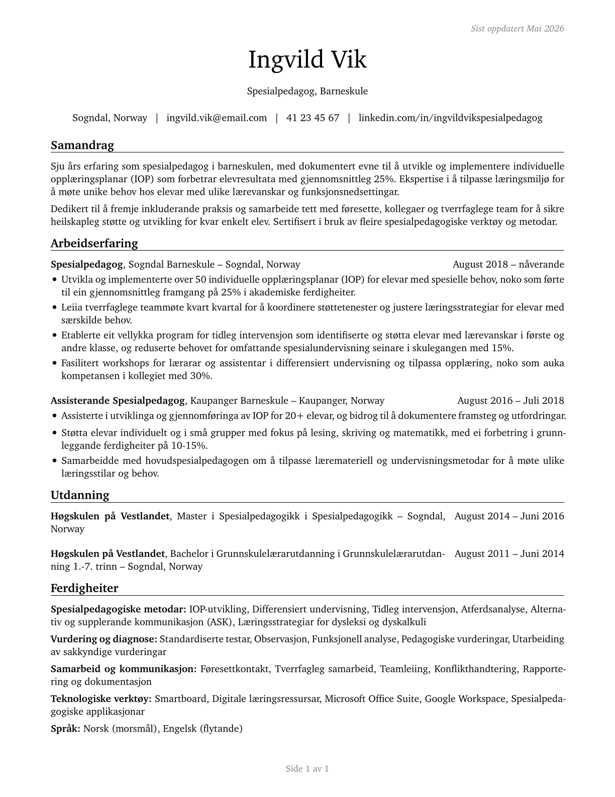 Special Education Teachers, Elementary School CV in Norwegian_nynorsk — page 1