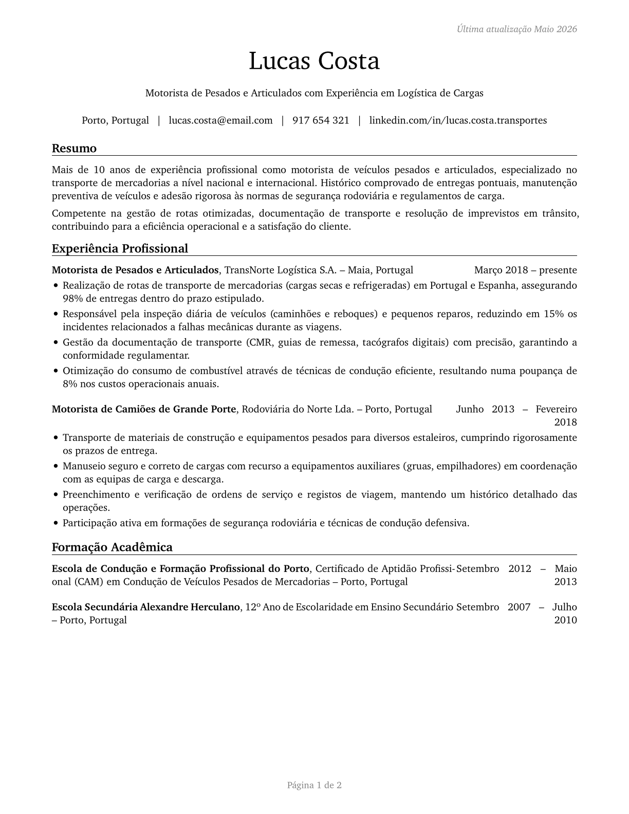 Heavy and Tractor-Trailer Truck Drivers CV in Portuguese — page 1
