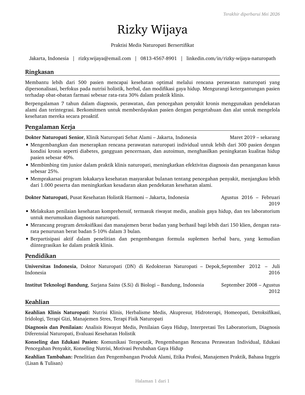 Naturopathic Physicians CV in Indonesian — page 1