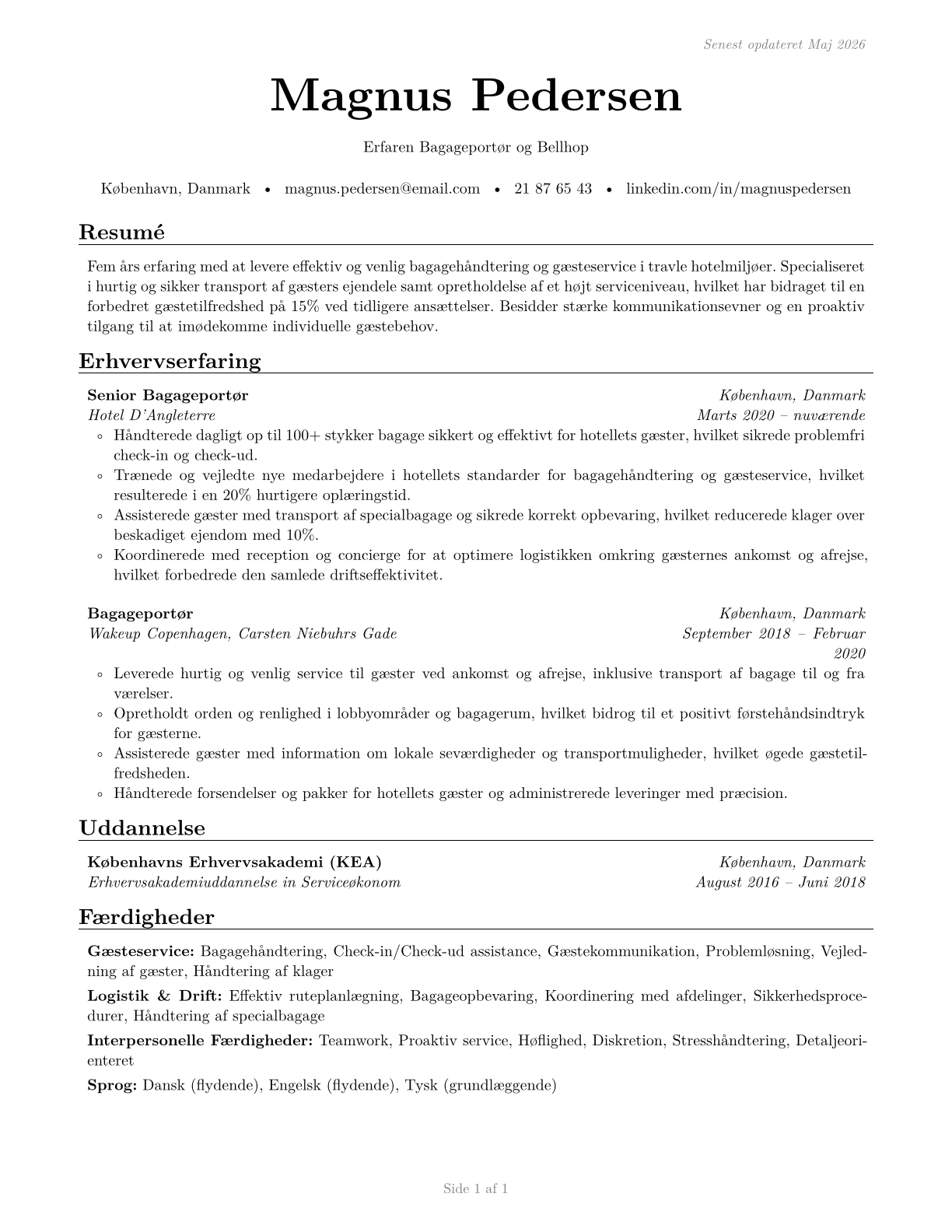 Baggage Porters and Bellhops CV in Danish — page 1