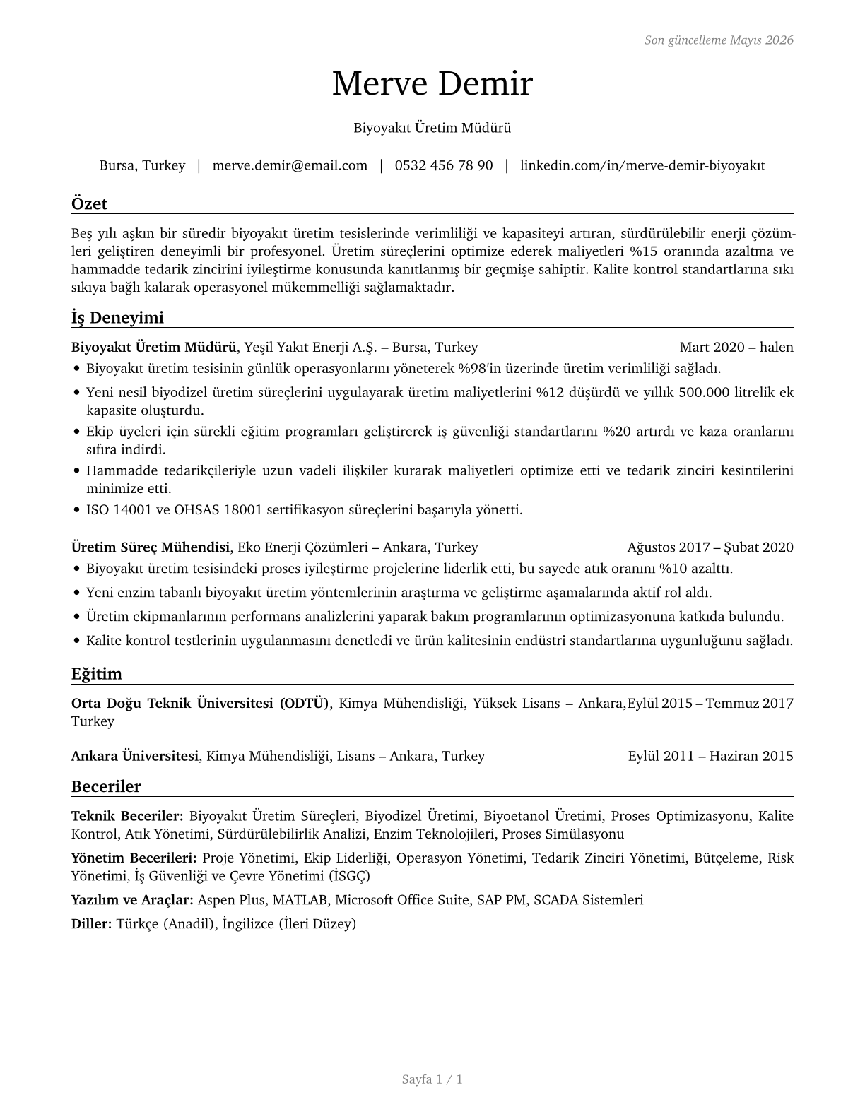 Biofuels Production Managers CV in Turkish — page 1