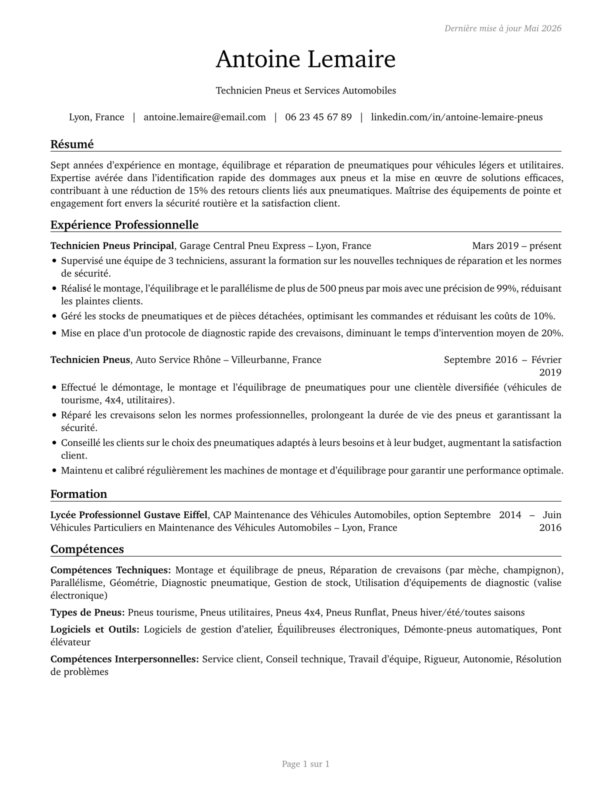 Tire Repairers and Changers CV in French — page 1