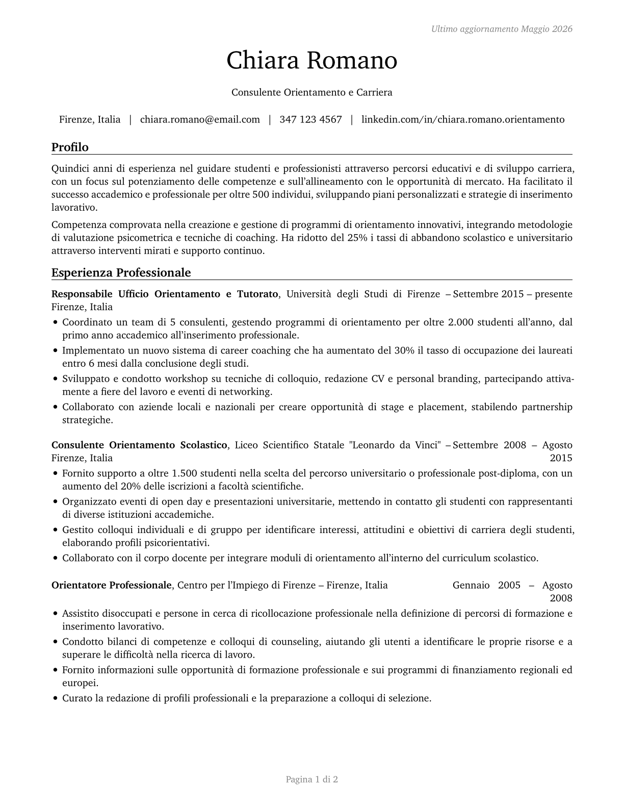 Educational, Guidance, and Career Counselors and Advisors CV in Italian — page 1