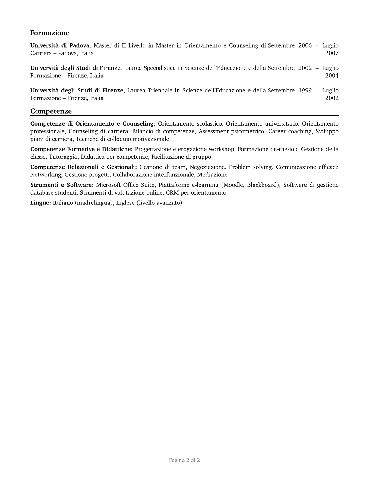 Educational, Guidance, and Career Counselors and Advisors CV in Italian — page 2