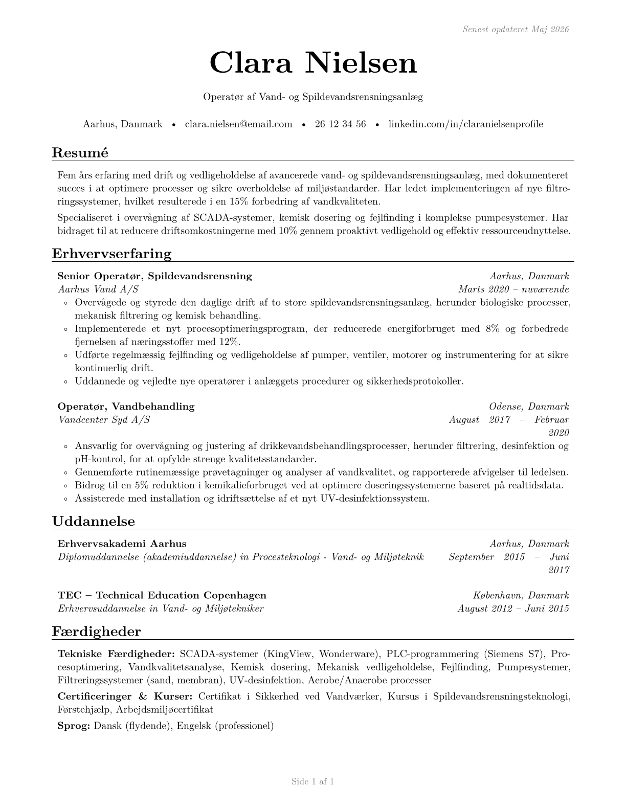 Water and Wastewater Treatment Plant and System Operators CV in Danish — page 1