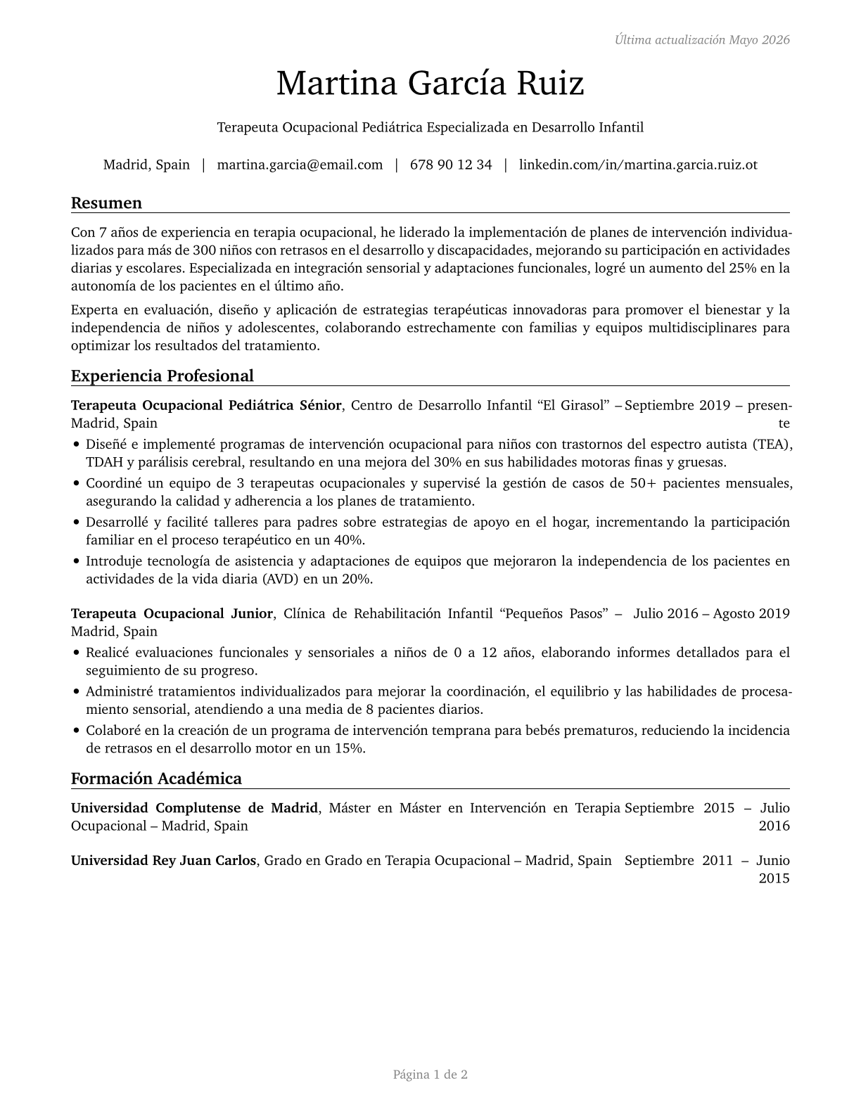 Occupational Therapists CV in Spanish — page 1