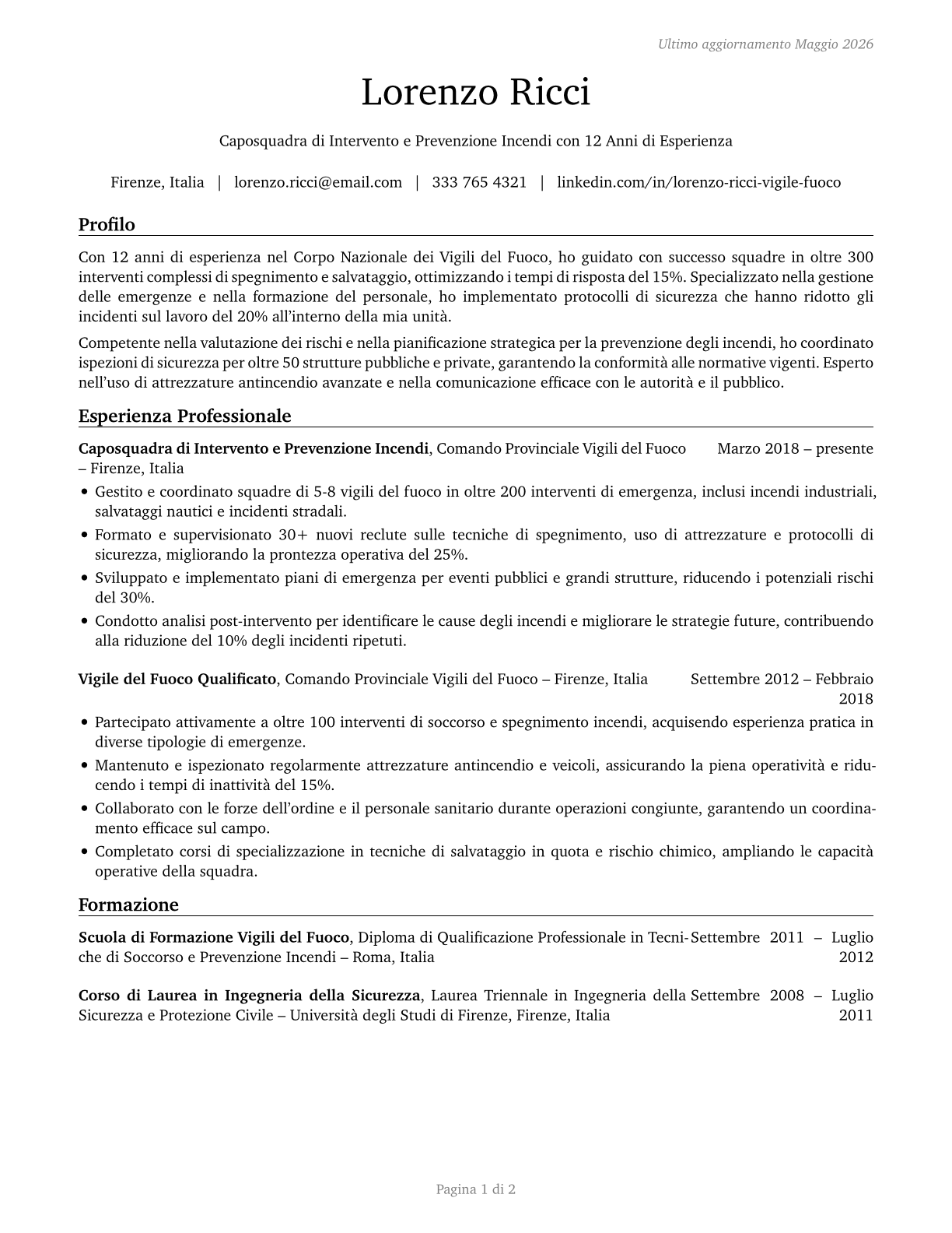 First-Line Supervisors of Firefighting and Prevention Workers CV in Italian — page 1