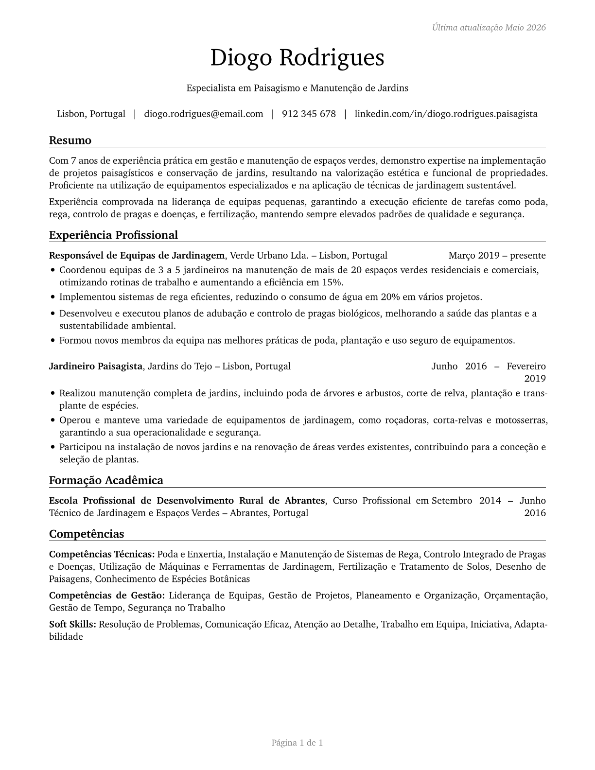 Landscaping and Groundskeeping Workers CV in Portuguese — page 1