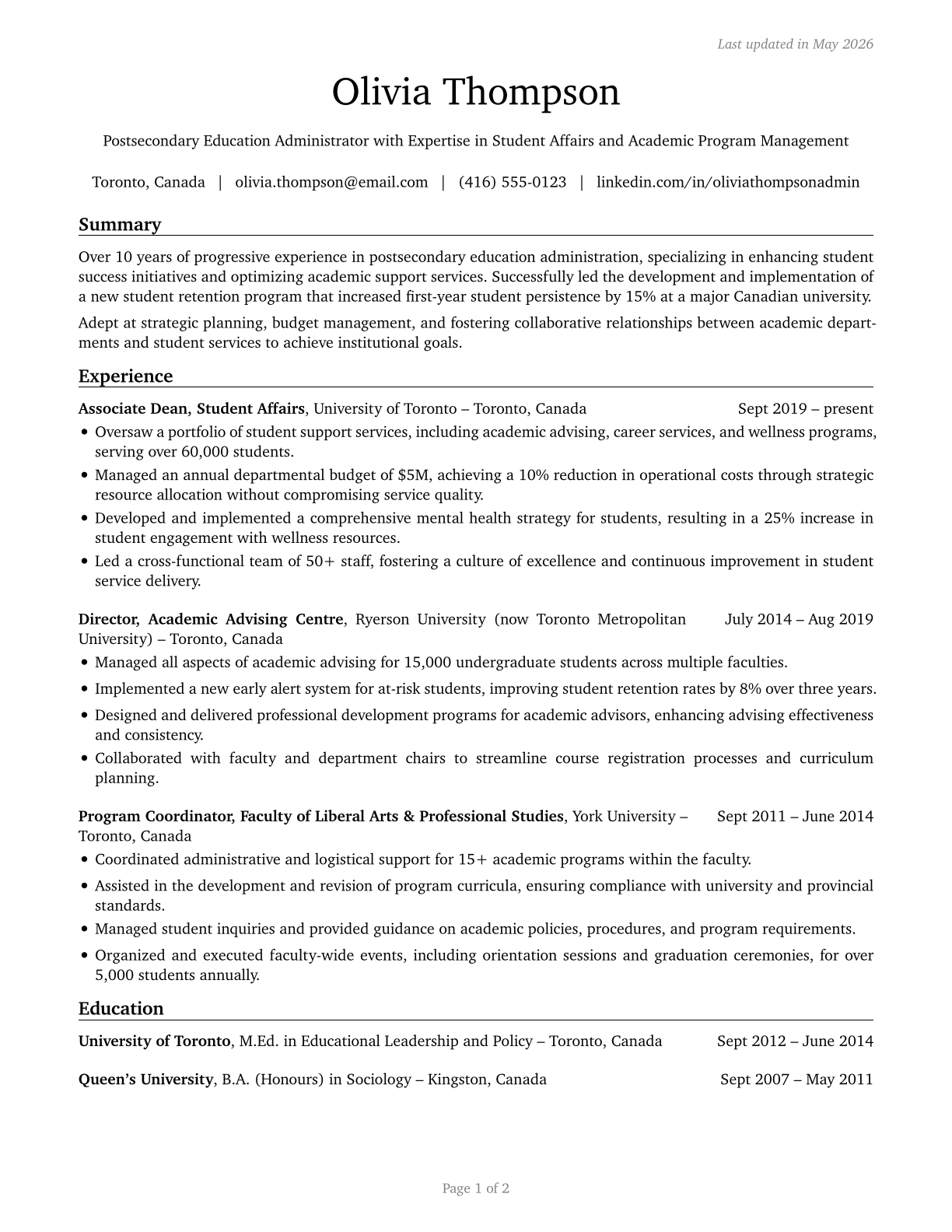 Education Administrators, Postsecondary CV in English — page 1