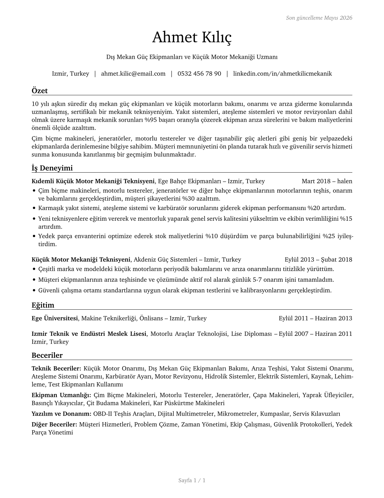 Outdoor Power Equipment and Other Small Engine Mechanics CV in Turkish — page 1
