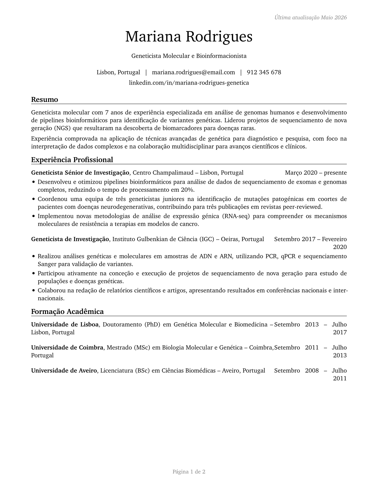 Geneticists CV in Portuguese — page 1