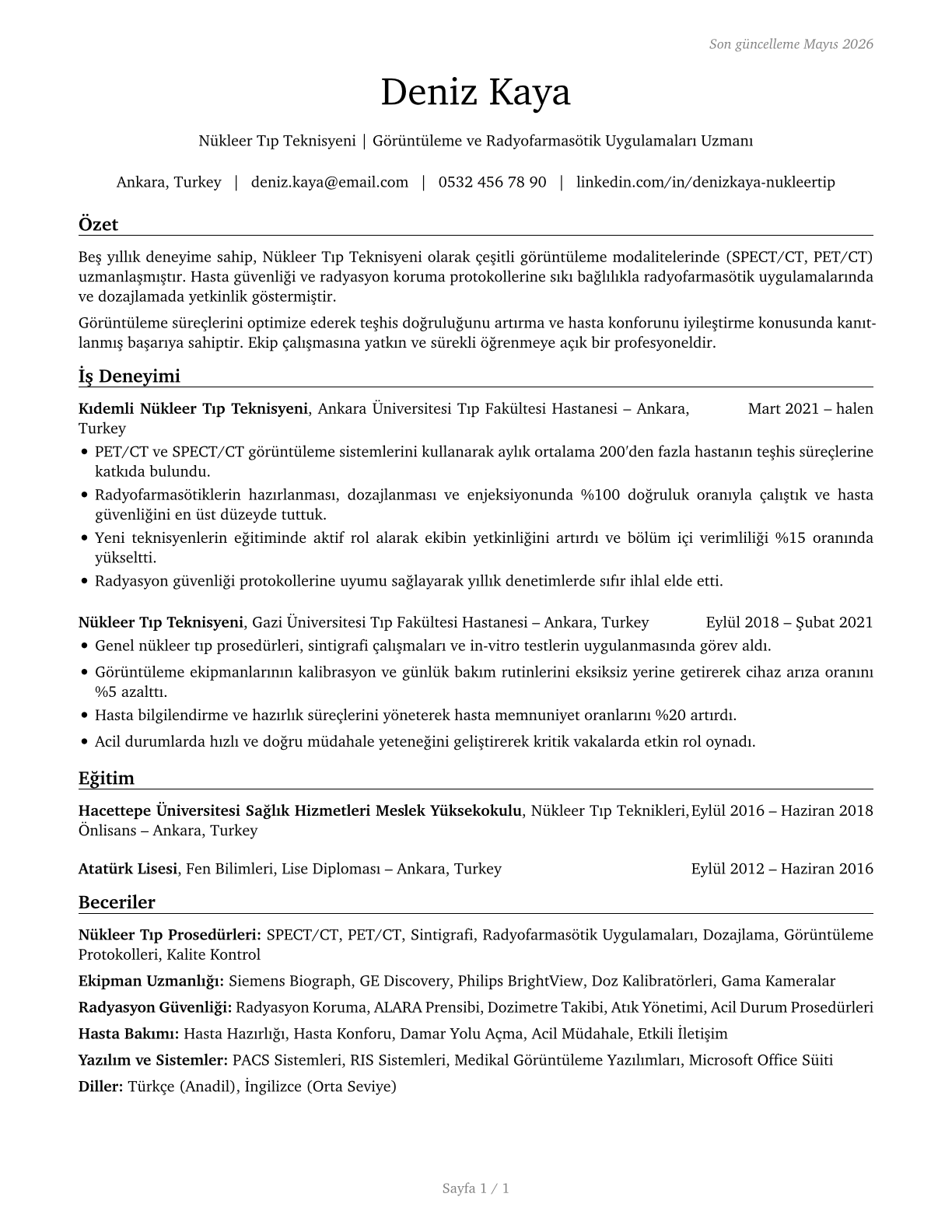 Nuclear Medicine Technologists CV in Turkish — page 1