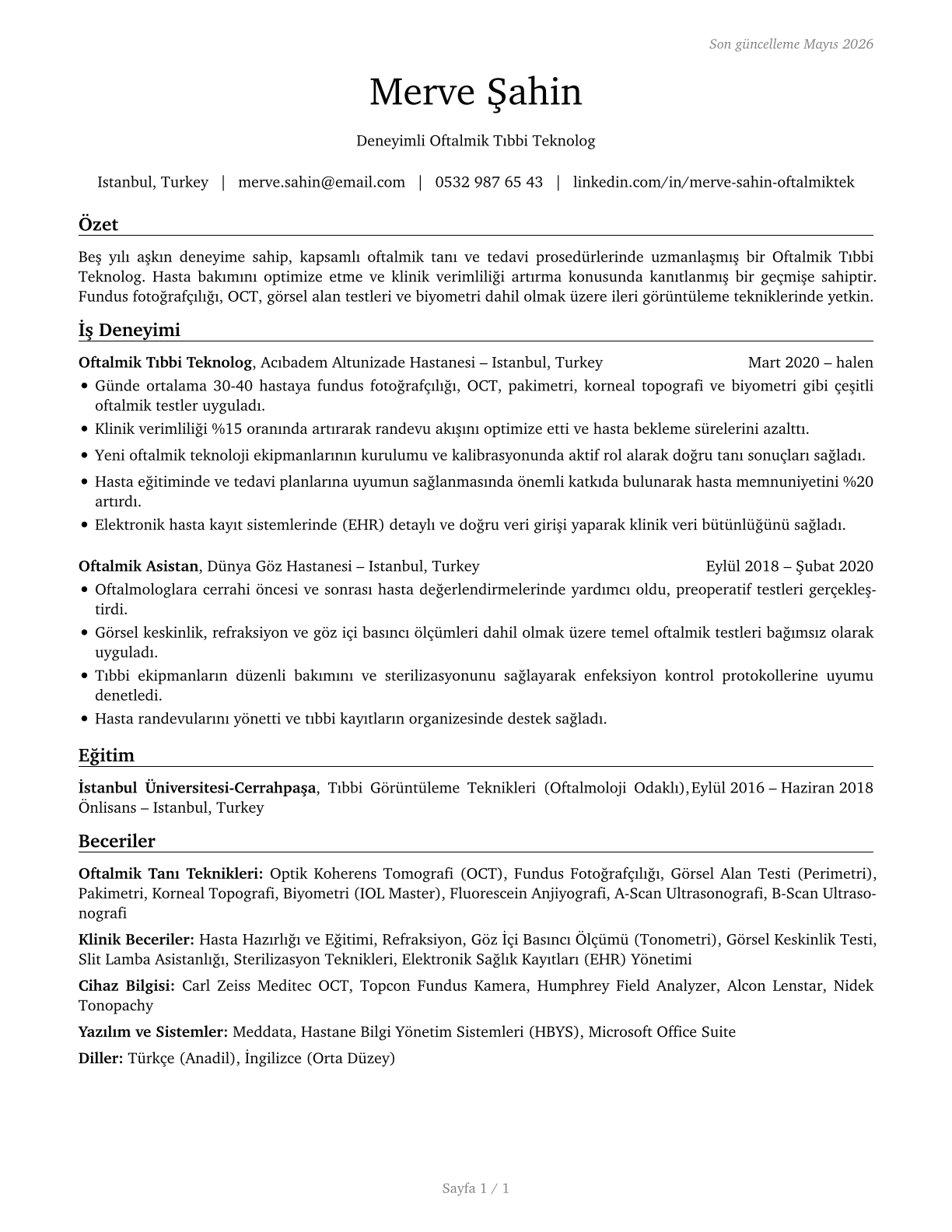 Ophthalmic Medical Technologists CV in Turkish — page 1
