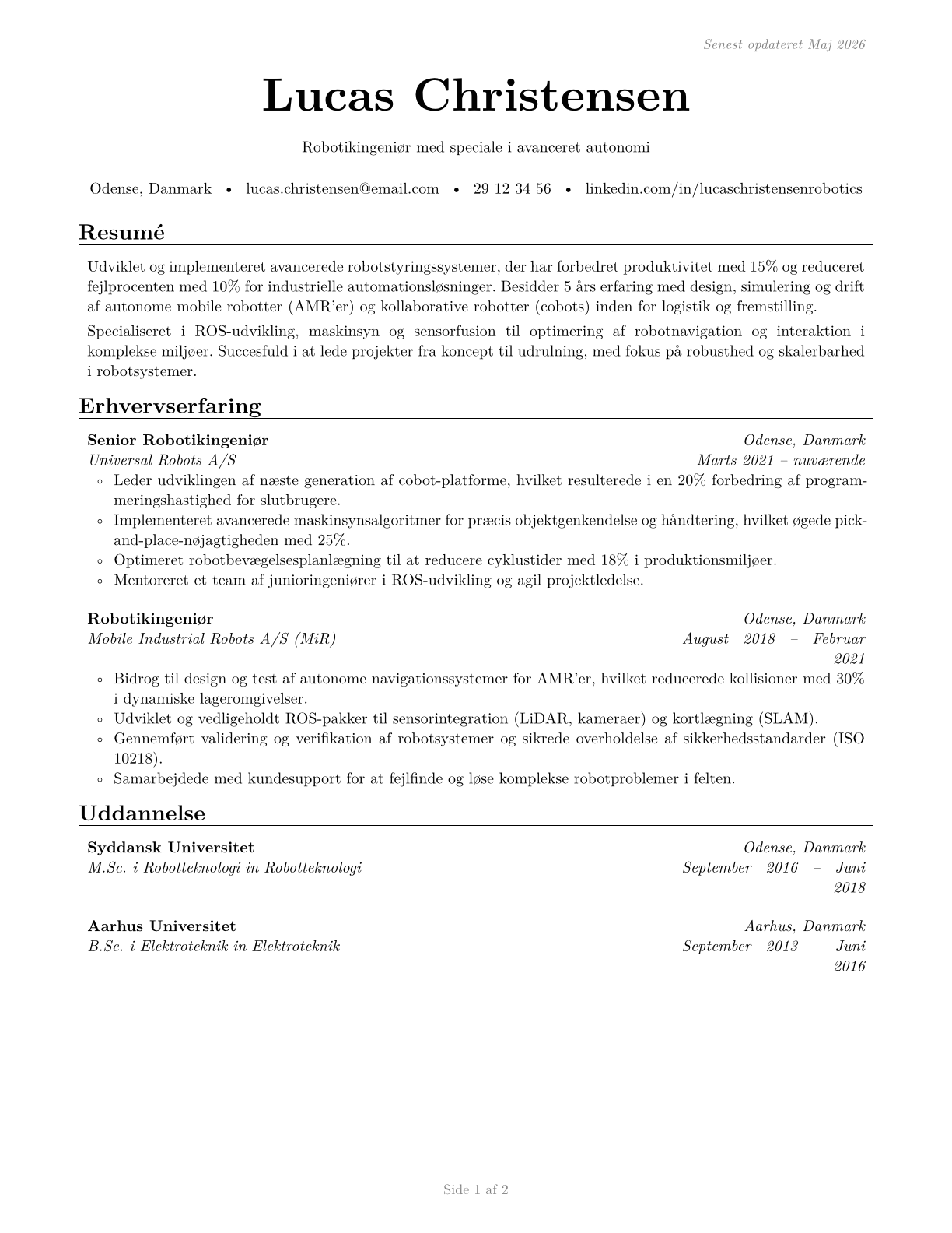 Robotics Engineers CV in Danish — page 1