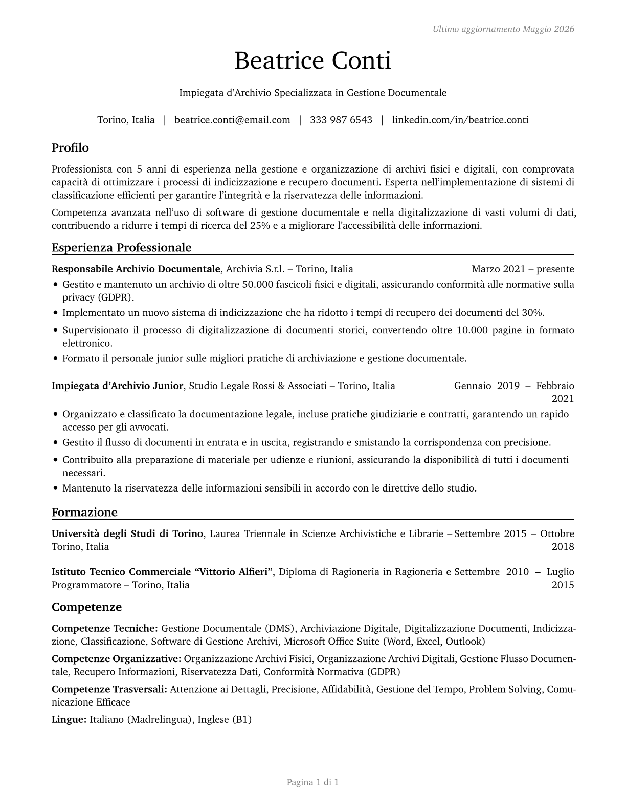 File Clerks CV in Italian — page 1