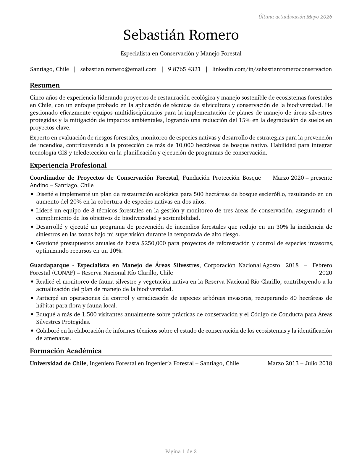 Forest and Conservation Workers CV in Spanish — page 1