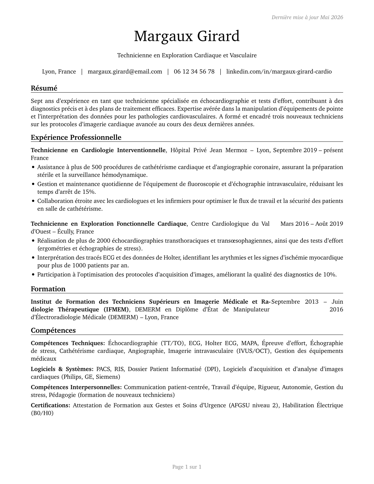 Cardiovascular Technologists and Technicians CV in French — page 1