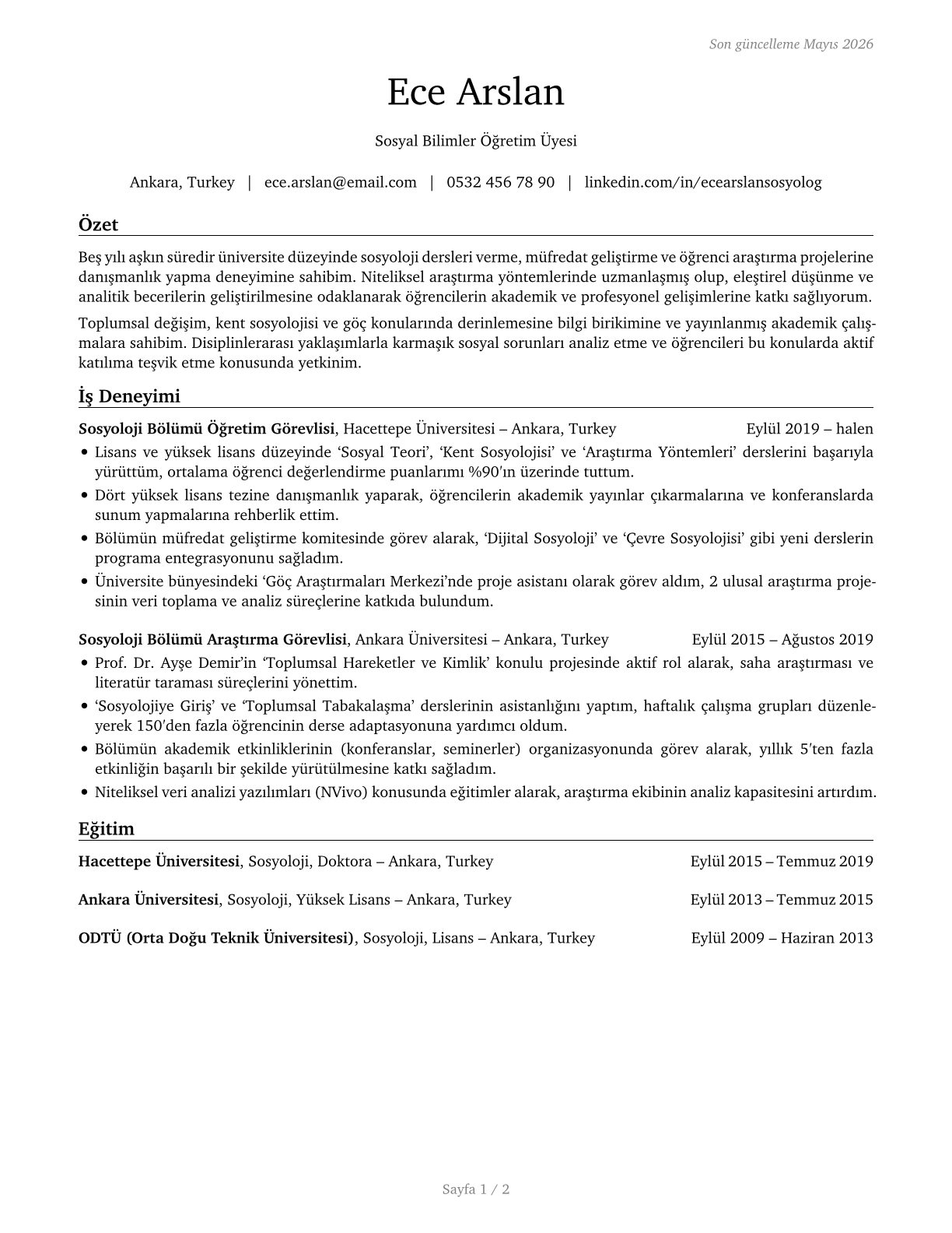 Sociology Teachers, Postsecondary CV in Turkish — page 1
