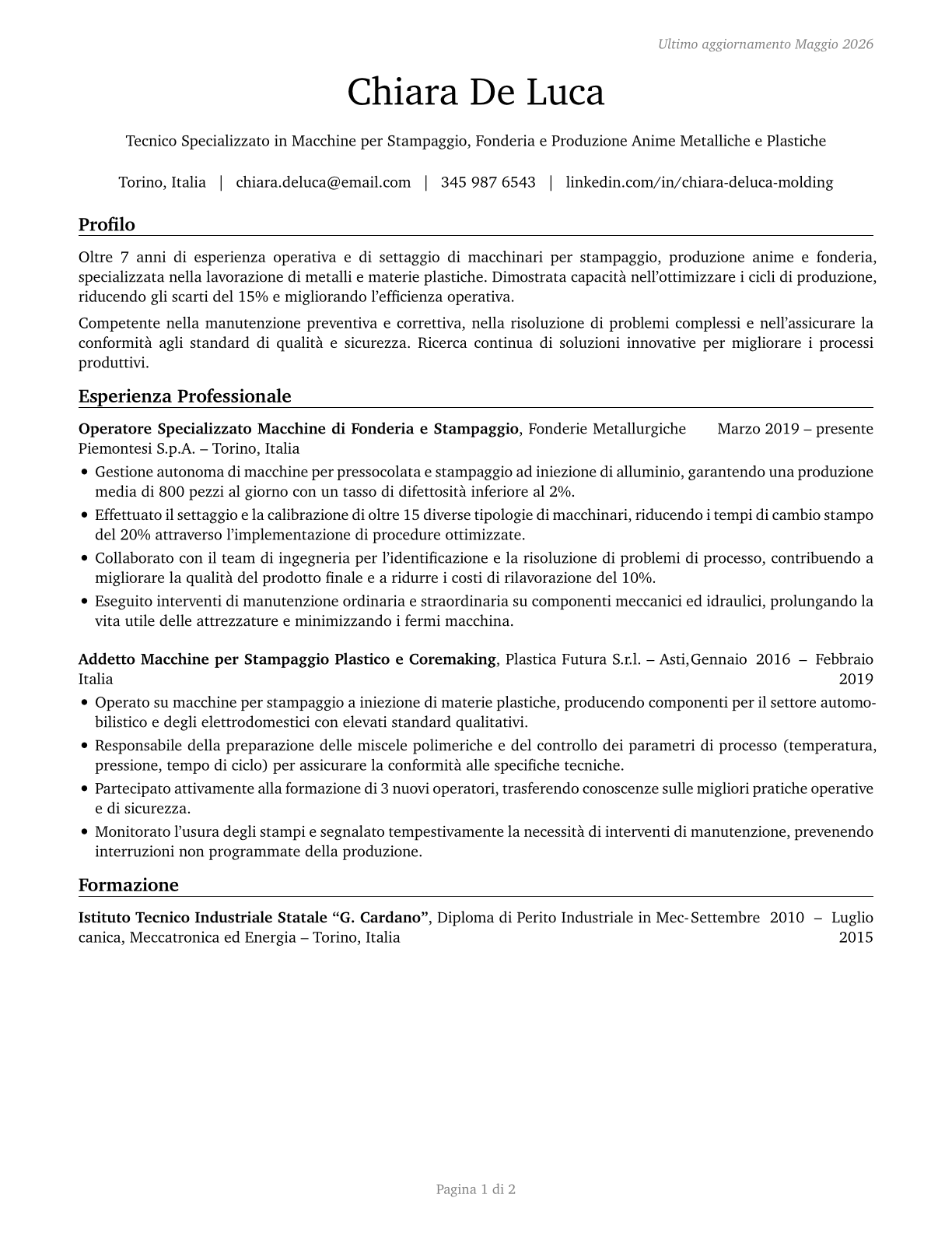 Molding, Coremaking, and Casting Machine Setters, Operators, and Tenders, Metal and Plastic CV in Italian — page 1