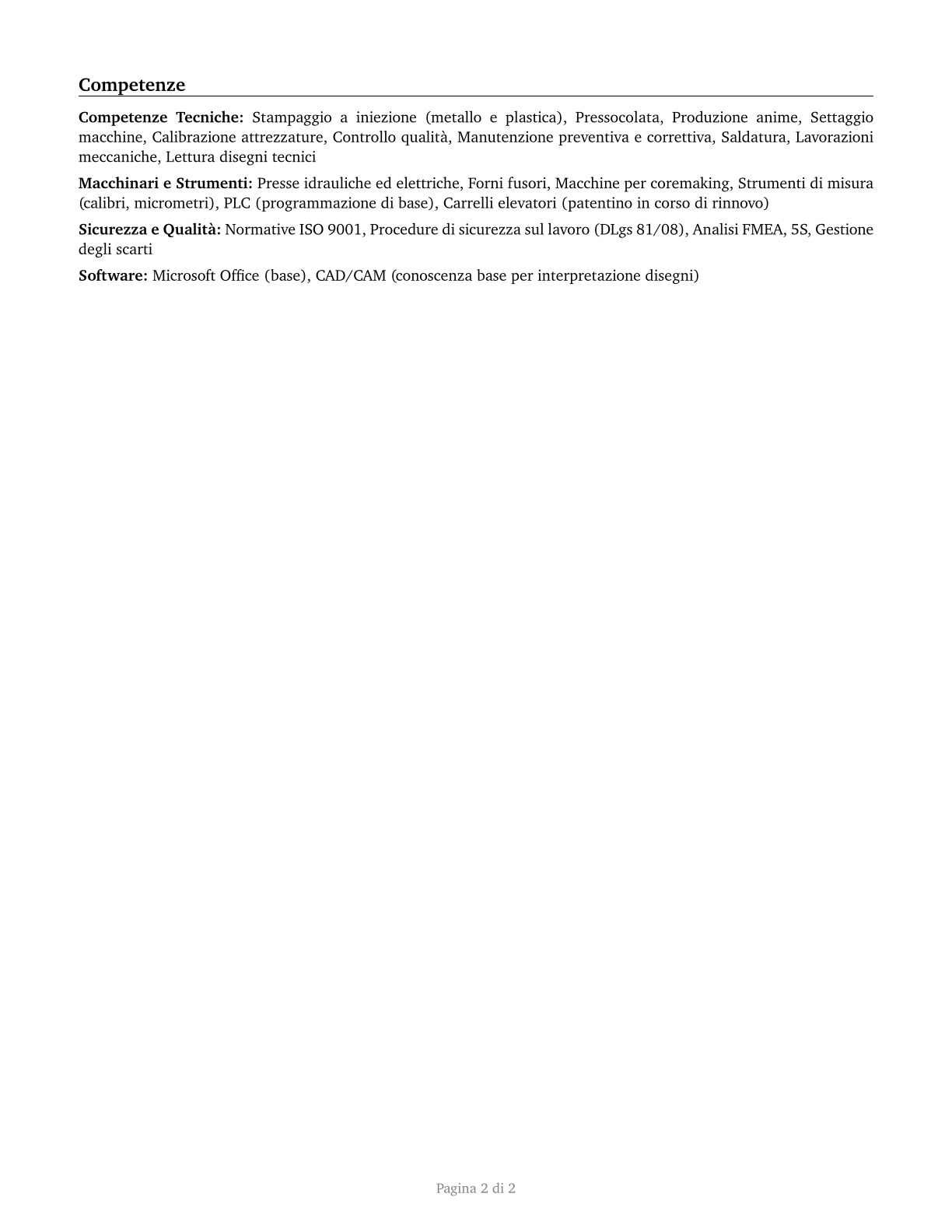 Molding, Coremaking, and Casting Machine Setters, Operators, and Tenders, Metal and Plastic CV in Italian — page 2