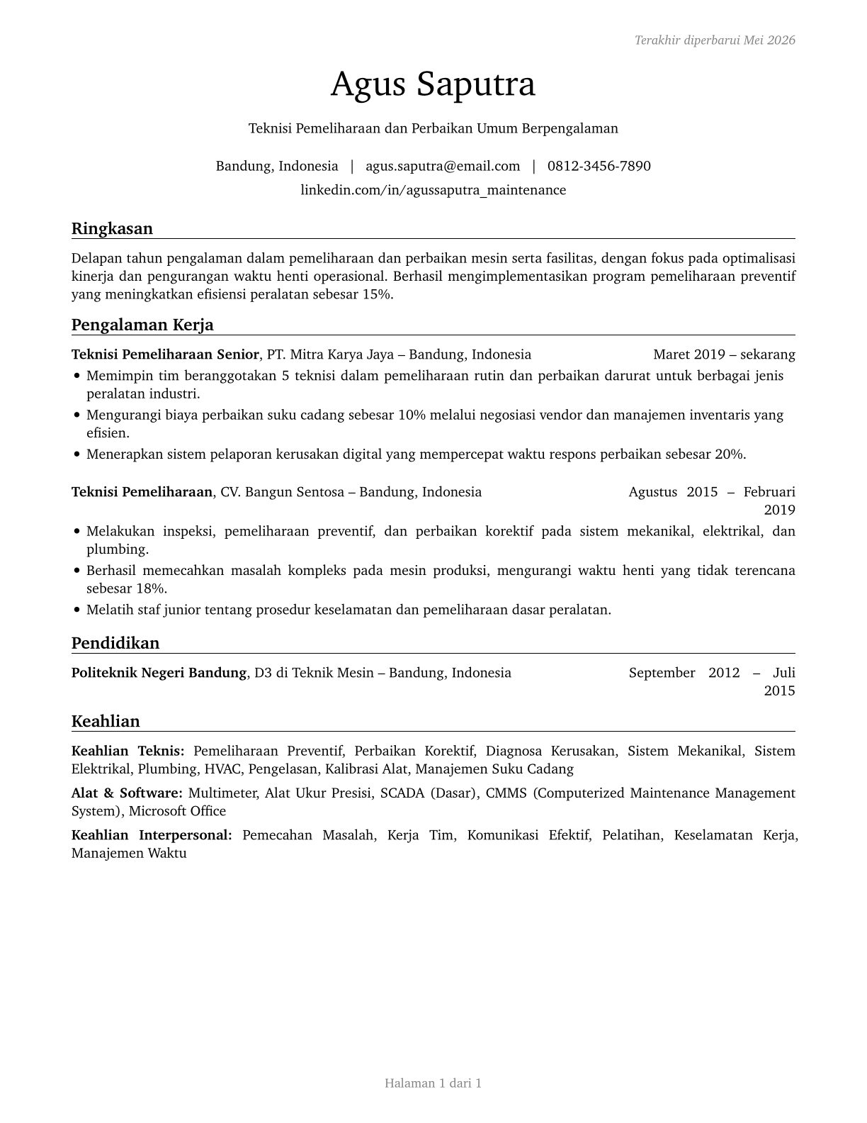 Maintenance and Repair Workers, General CV in Indonesian — page 1