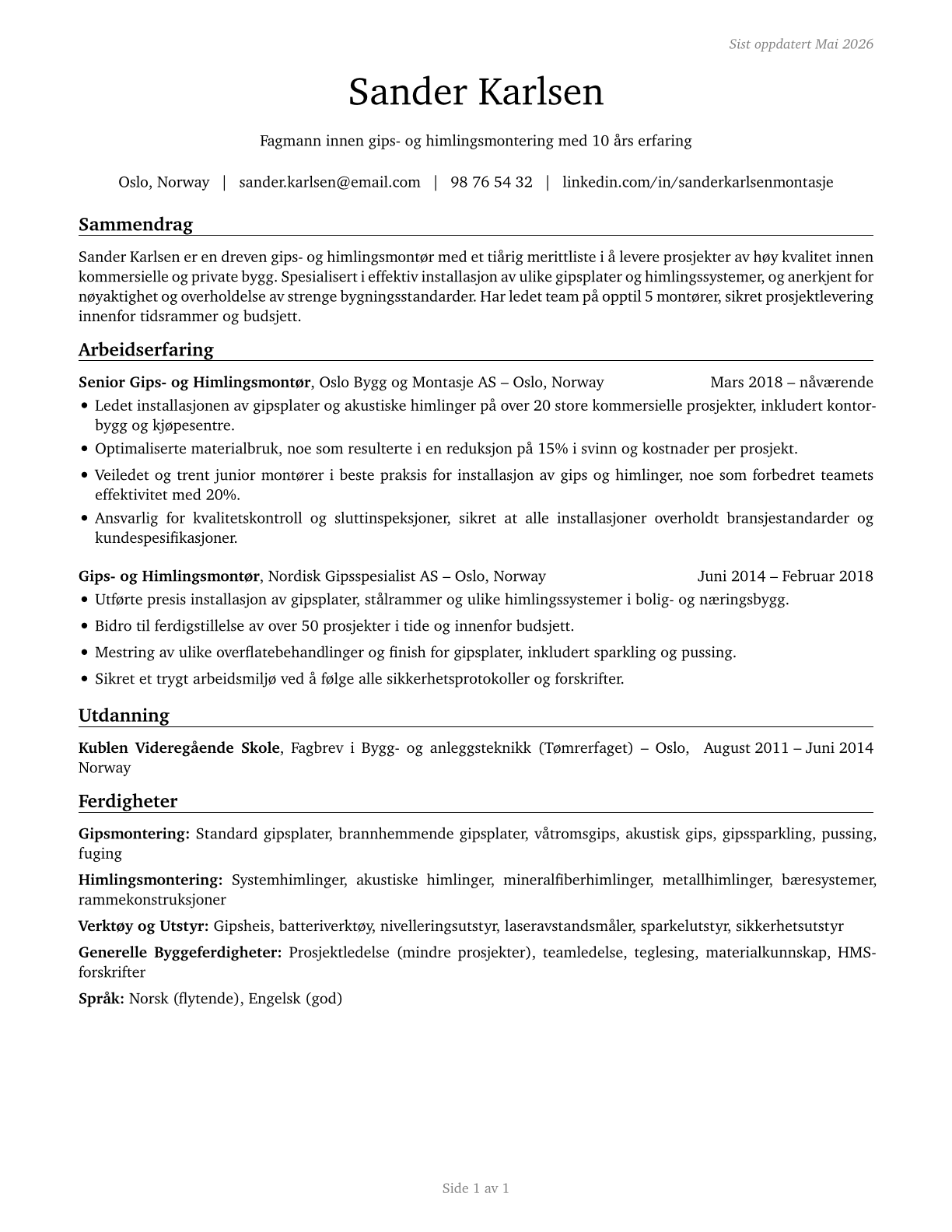 Drywall and Ceiling Tile Installers CV in Norwegian_bokmal — page 1