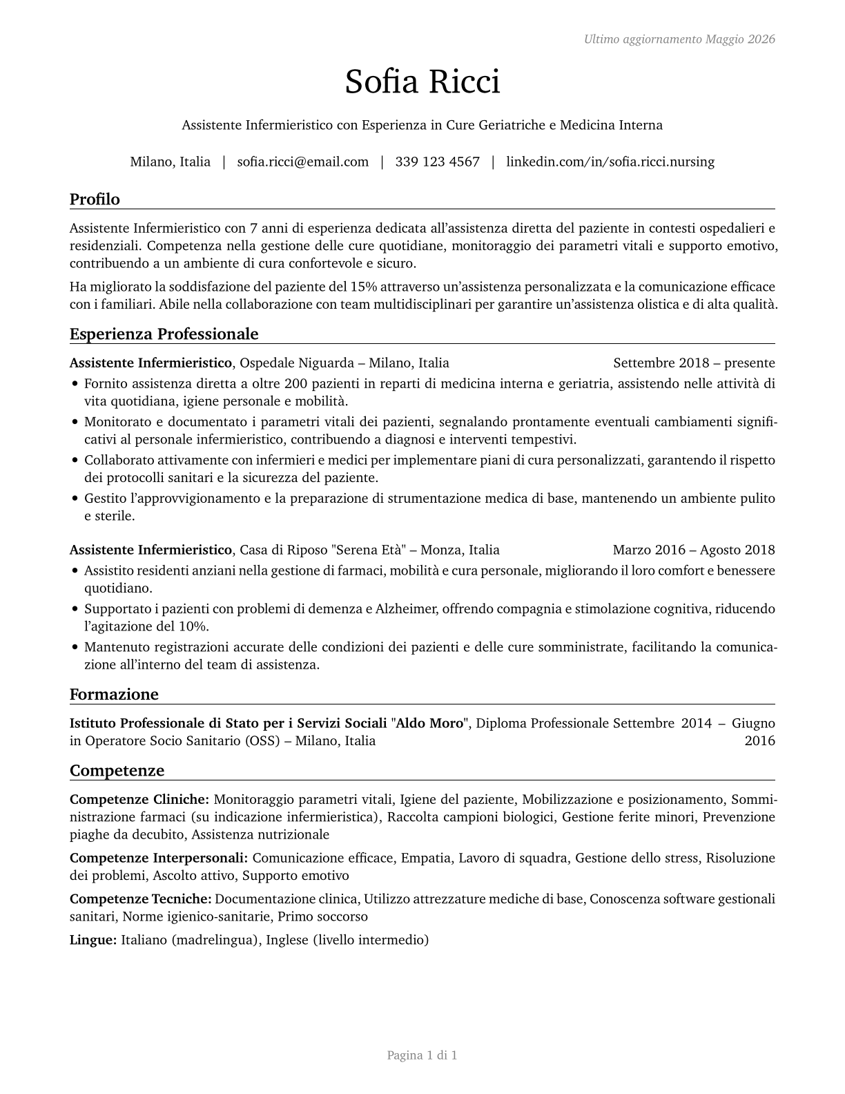 Nursing Assistants CV in Italian — page 1