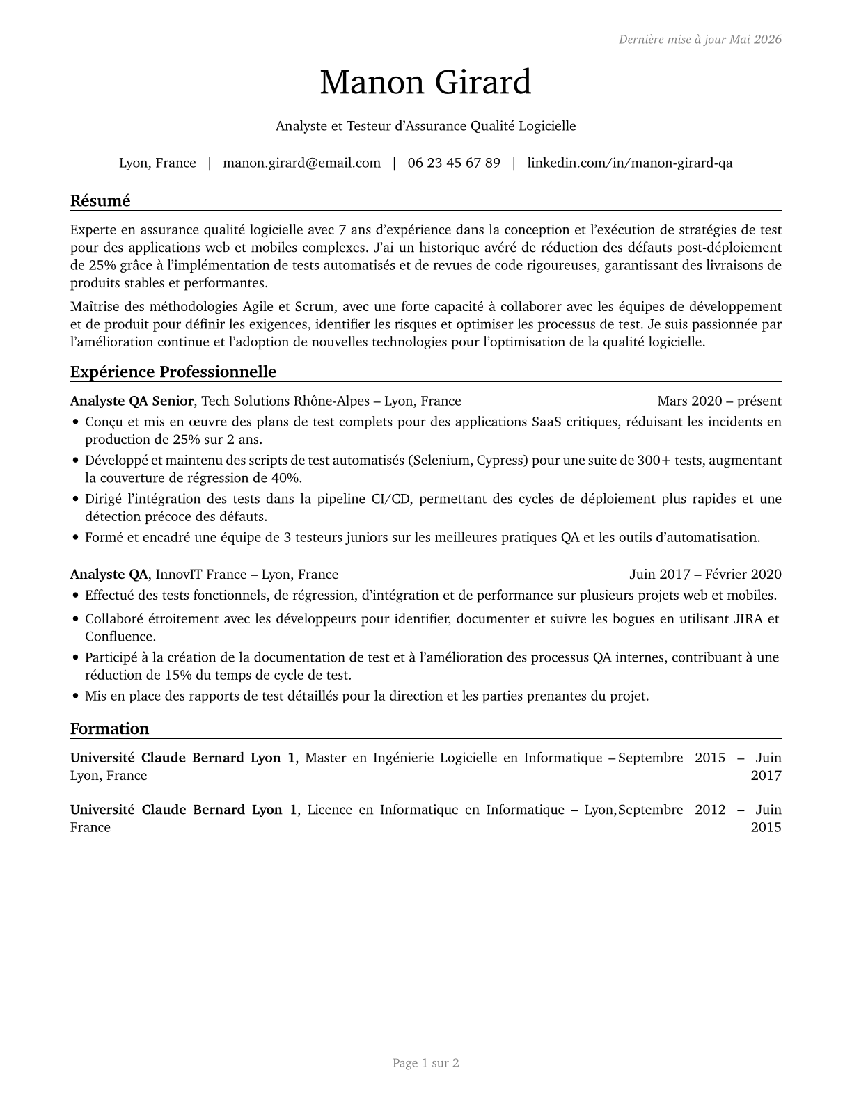 Software Quality Assurance Analysts and Testers CV in French — page 1