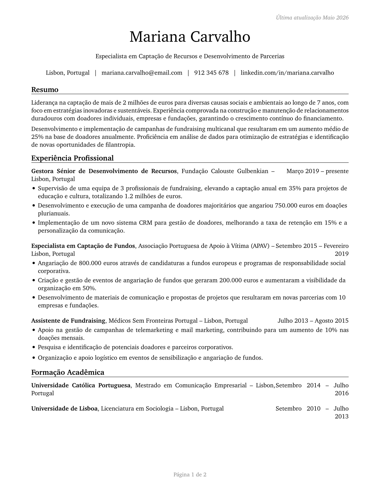 Fundraisers CV in Portuguese — page 1
